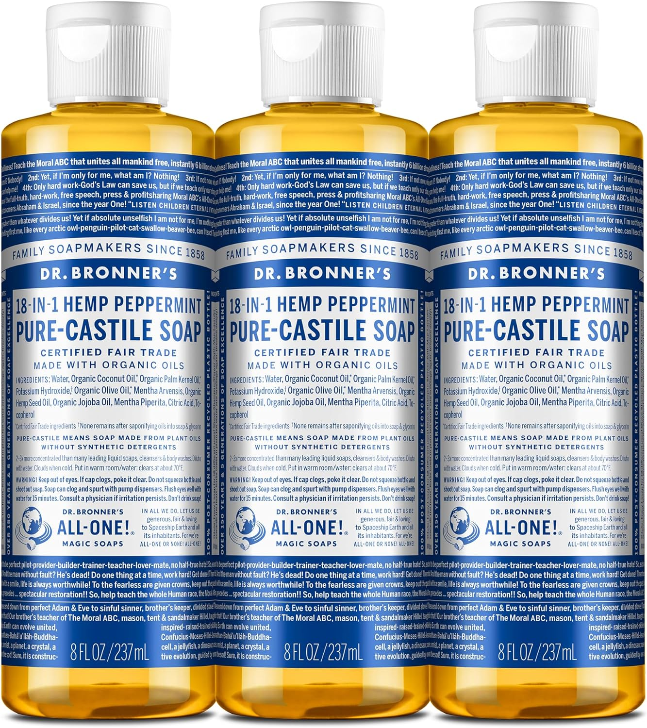 Dr. Bronner'S - Pure Castile Liquid Soap 3 Pack - Organic Oils - Gentle Skin Care - Peppermint Scent - (3X237Ml) image number 4