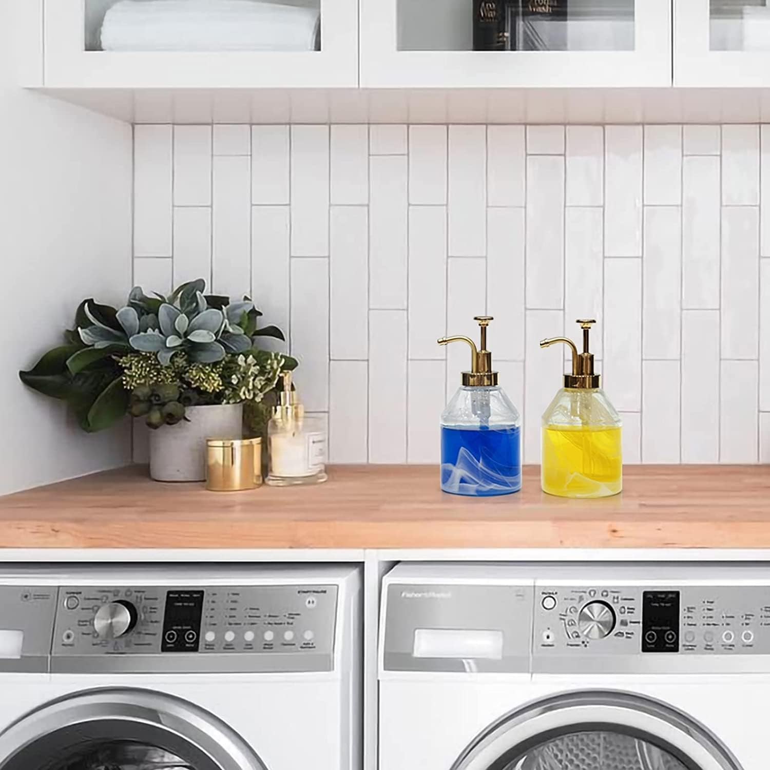 Glass Soap Dispenser Set, Hand Soap Dispenser and Dish Soap Dispenser, Soap Dispenser with Gold Soap Pump,Decorative Soap Dispenser for Bathroom & Kitchen Rustic Home Decor (Moire) image number 1