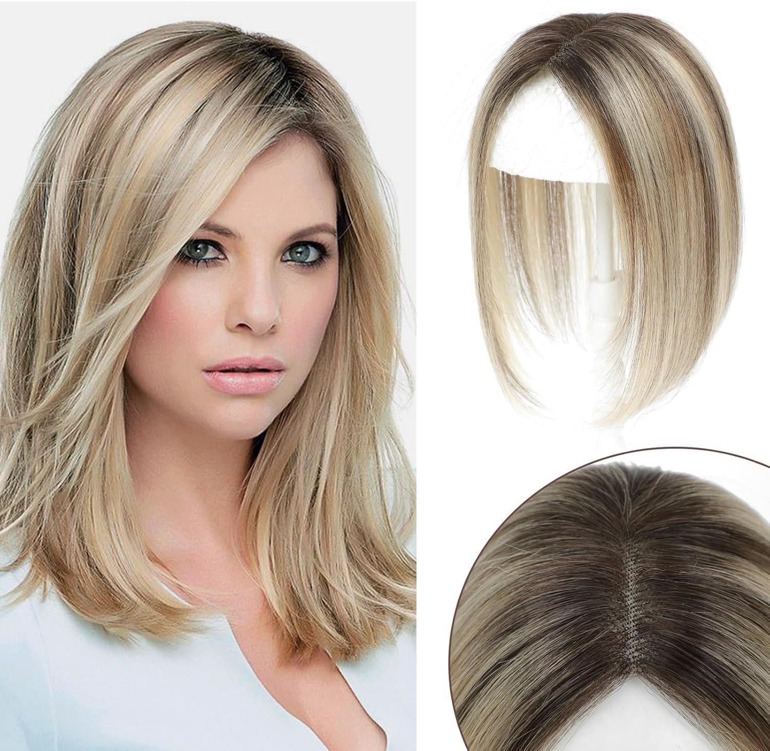 Hair Toppers for Women Real Human Hair 10 Inch Hair Toppers for Women Upgrade Swiss Base Hairpieces for Hairloss (Ombre Light Brown with Blond Highlight) image number 1