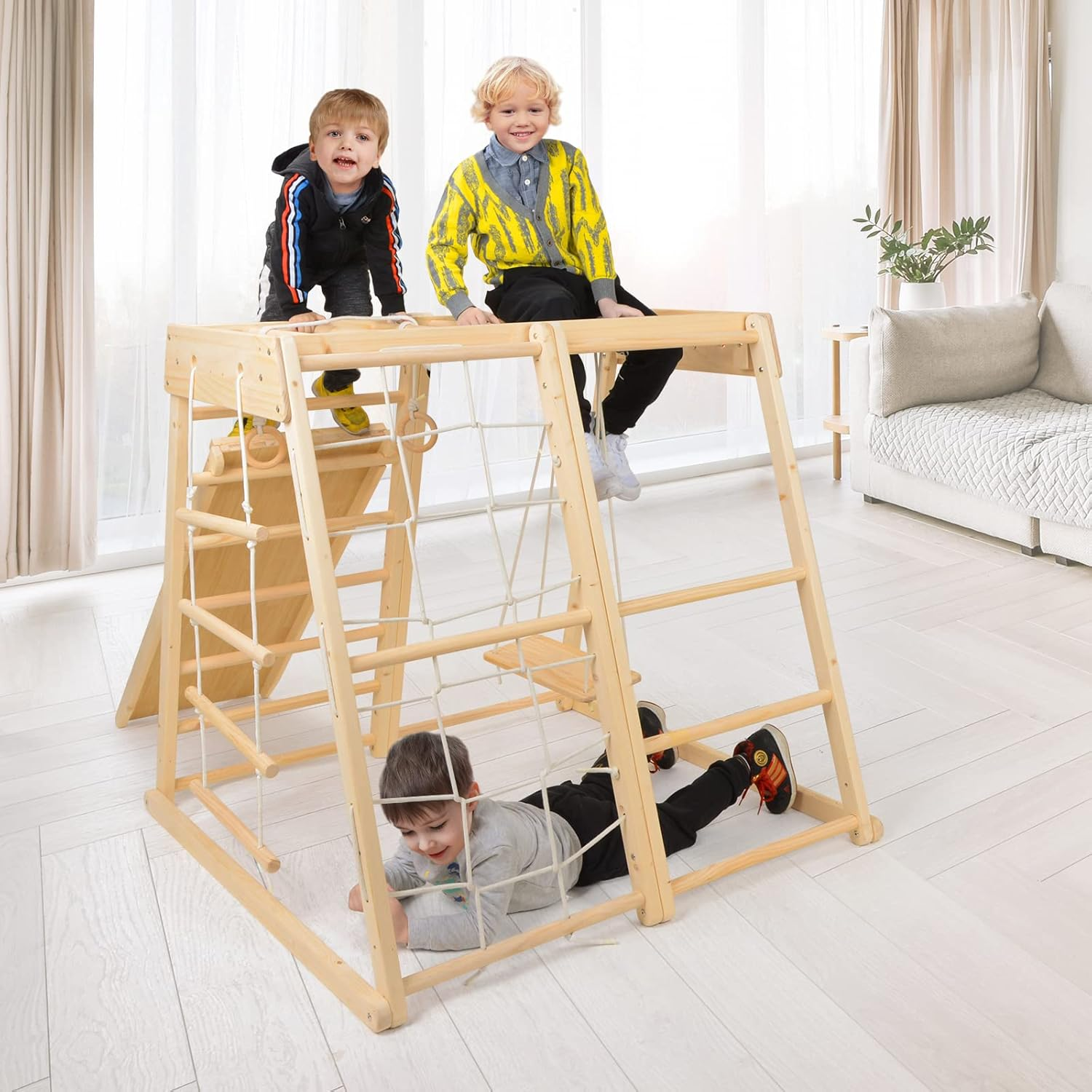 Indoor Playground,Toddler Wood Playset 9-In-1 with Slide,Basketball Frame, Swing, Jungle Gym, Swedish Ladder, Monkey Bars, Rope Ladder, Rock Wall Dome for Ages 1.5-8 image number 3