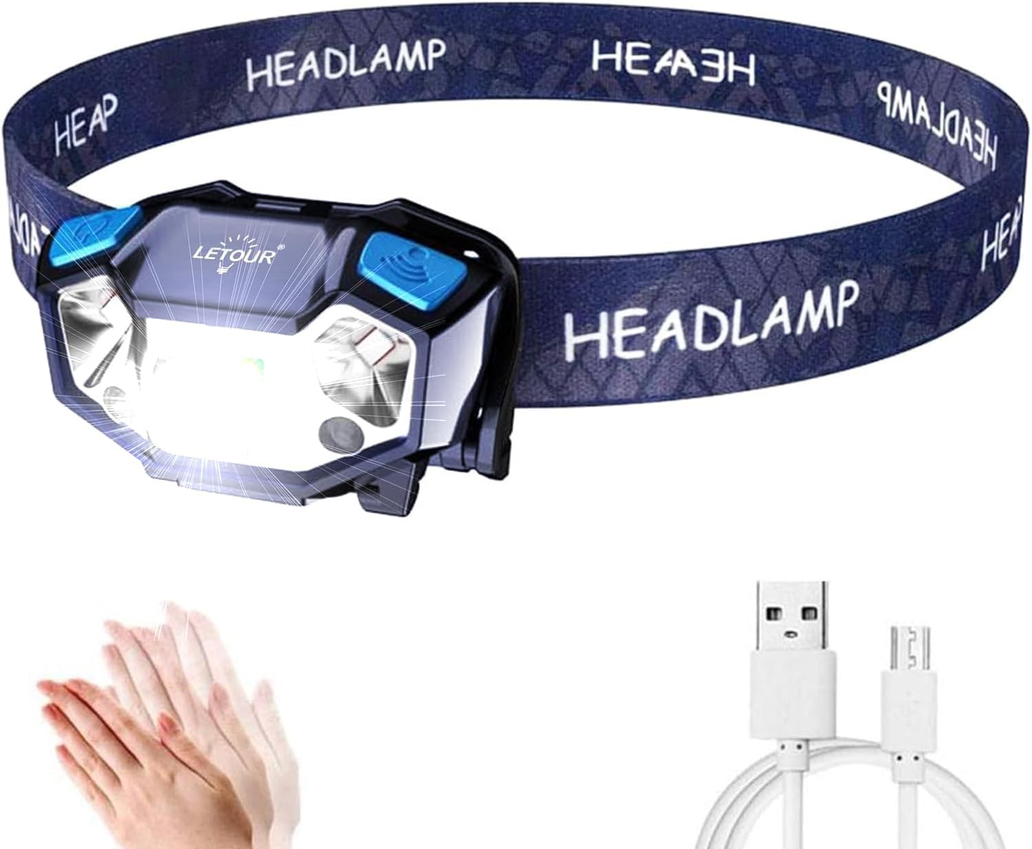 LETOUR Headlamp Head Torch, 1000 Lumens Super Bright Lightweight Headlight 5 Lighting Modes, Motion Sensor Control with Red Light, Waterproof Headlamps Flashlight for Camping Cycling Running Fishing