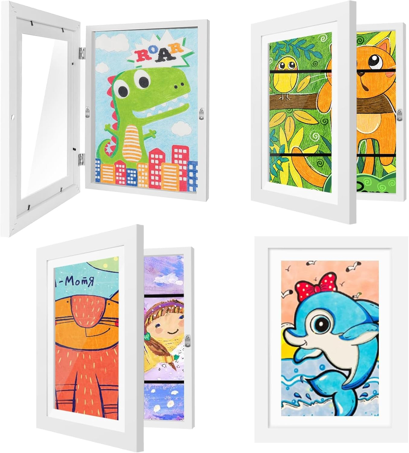 A4 Kids Art Frames 4 Pack Kids Artwork Flip Frame Changeable for Picture Display, Children School Drawing Projects Storage, Horizontally Vertically Wall Hanging, Storage A4 120 Pictures (White)