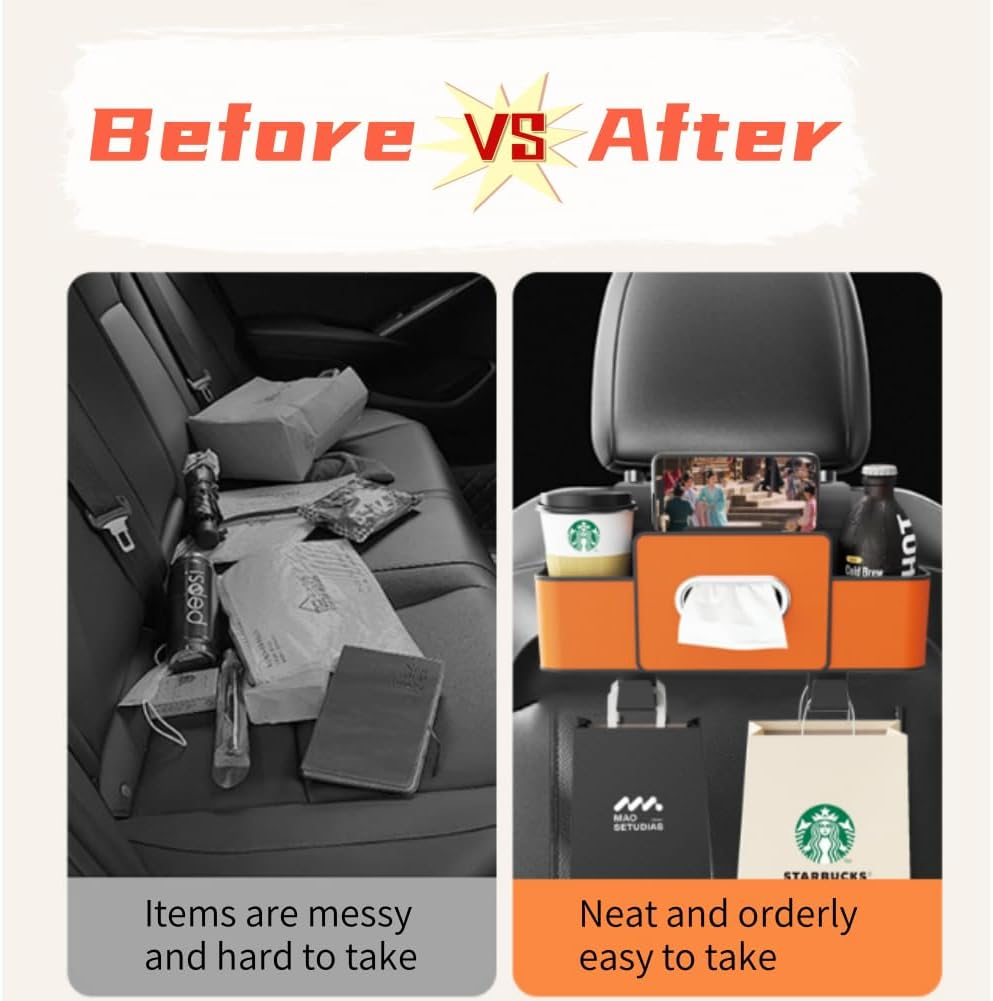 Raksonic Car Back Seat Organizer with 2 Cup Holders Multifunctional Car Seat Storage Box Tissue Box Mobile Phone Holder Hanging Storage Box with Hook Car Leather Storage Box 2-Pack（Black）