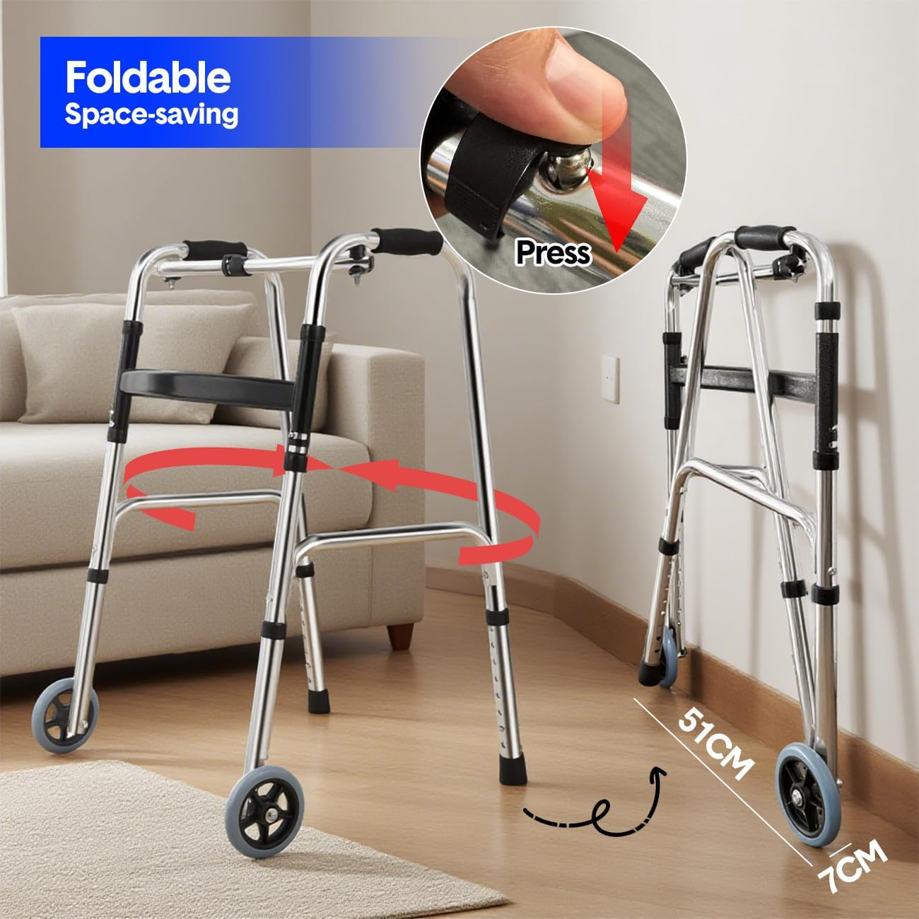Lightweight Aluminum Folding Walking Frame for Seniors,Adjustable Height Mobility Walker with Anti-Skid Wheels for Adults, Elderly image number 1