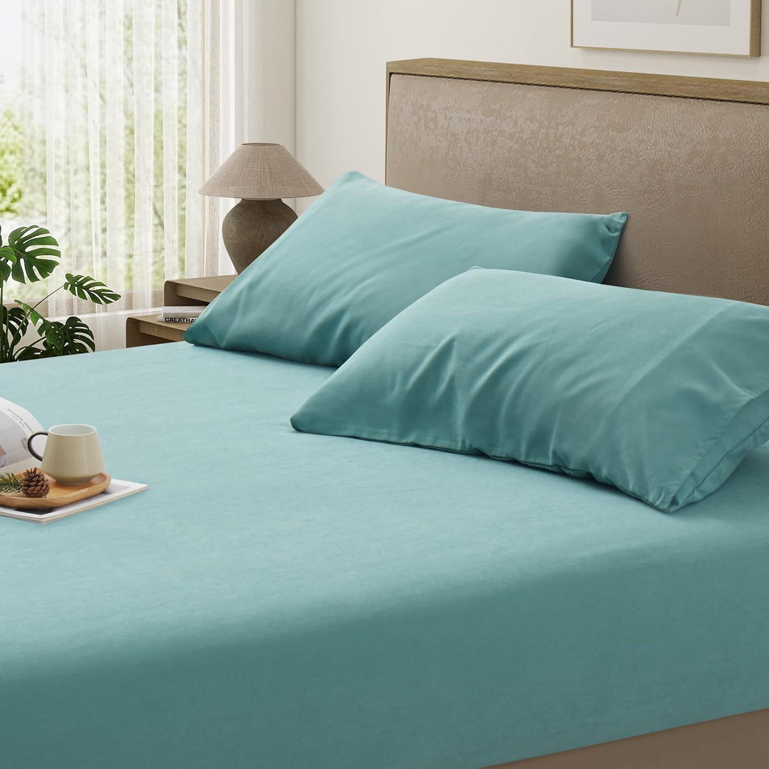 3 PCS Double Sheet Set, 1200TC Breathable and Ultra Soft Double Size Bed Sheets Set with Fitted Deep Pockets 40Cm, 1 Bedding Fitted Sheets & 2 Pillowcases (Grayish Green, Double)