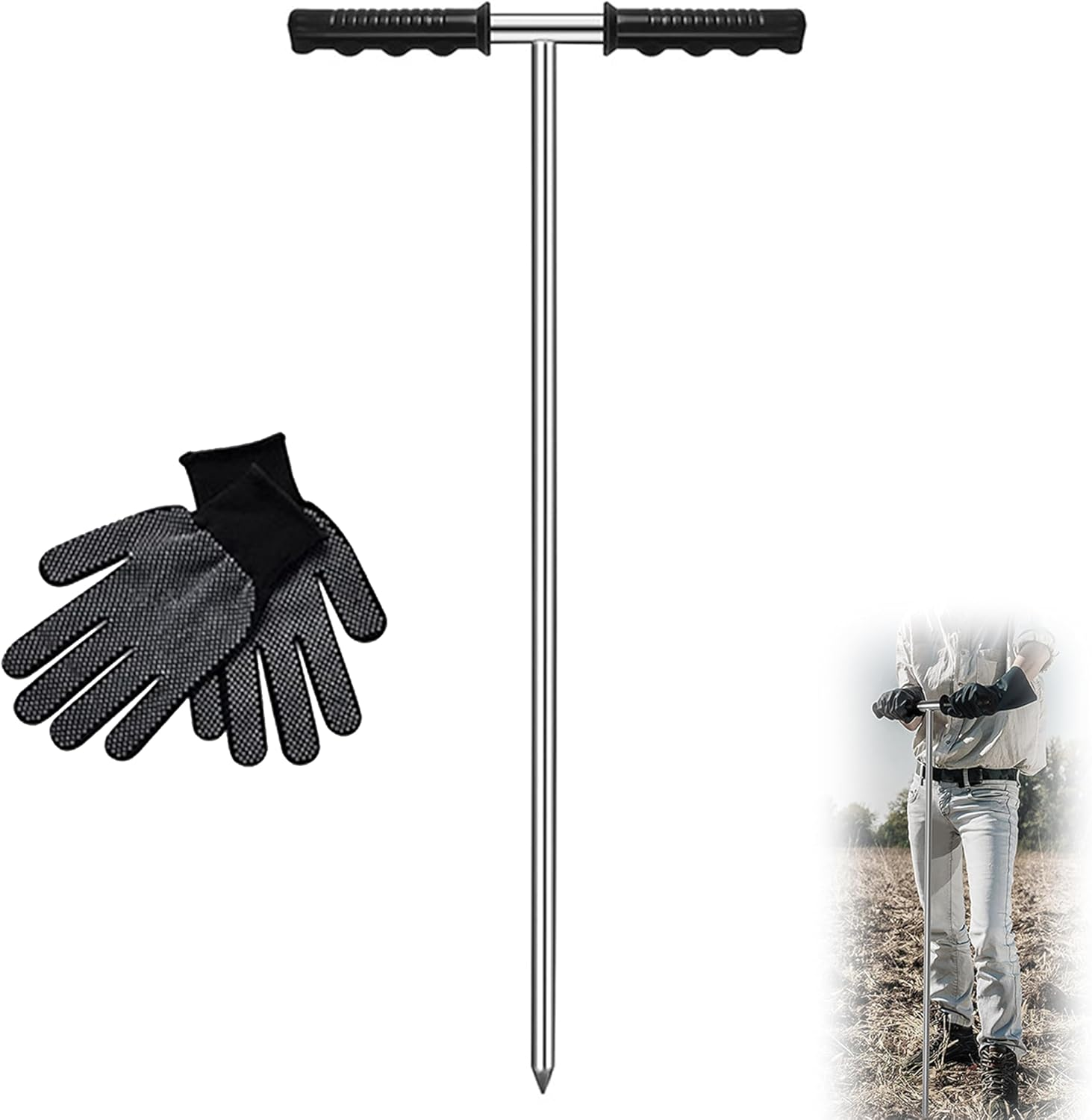 Soil Probe Rod with Gloves,Heavy-Duty Adjustable Soil Probe Rod (32"-48") - Stainless Steel Tank Locator with T-Handle | for Septic Pipes, Utility Lines & Rodent Runs image number 6