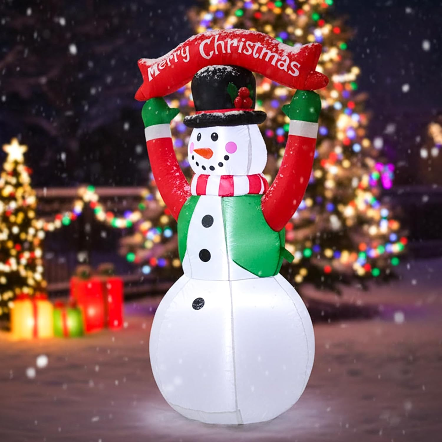 4FT Christmas Inflatables Blow up Christmas Snow Man Holding a Sign That Reads Merry Christmas with LED Light Indoor Outdoor Graden Yard Lawn Party Holiday Decor - 4H Inflatable Snowman With Signpost image number 5