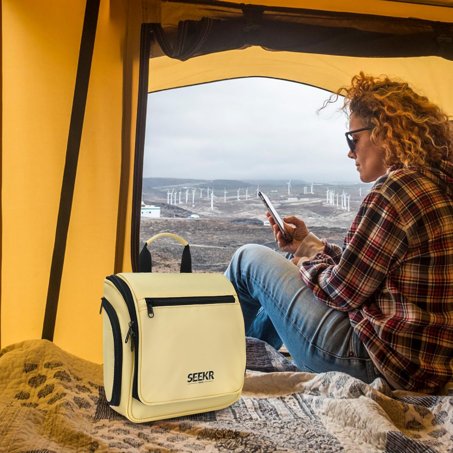 SEEKR Hanging Travel Toiletry Bag, Makeup Organiser, Expandable Compartments and Removable Pouches, for Toiletries, Cosmetics and Travel Essentials, Ideal for Luggage, Camping, Beach or Home (BEIGE) image number 1