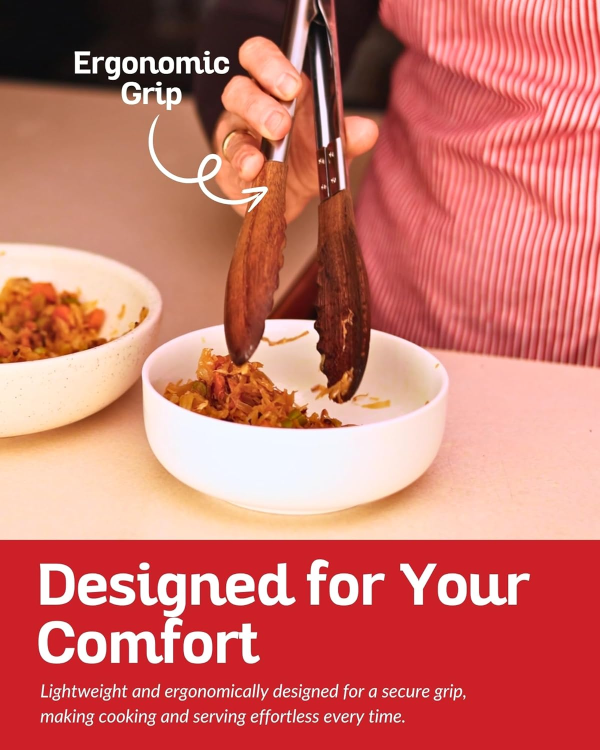 Boxiki Kitchen Tongs for Cooking with Wooden Tips - Wooden Tongs Ideal for BBQ, Salad, Toaster, Bread & Pickles - Made of Natural Walnut Wood, Size 12 Inch image number 3