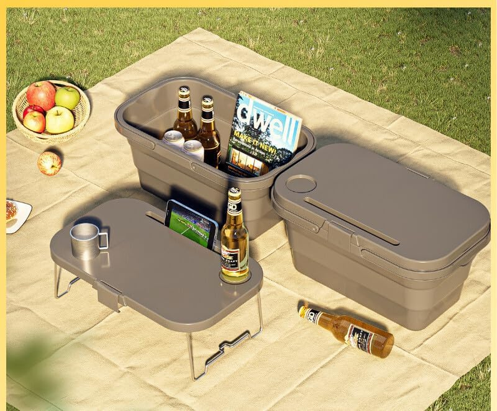 Portable Picnic Storage Basket with Folding Table Tray, Grey, Camping and Outdoor Use