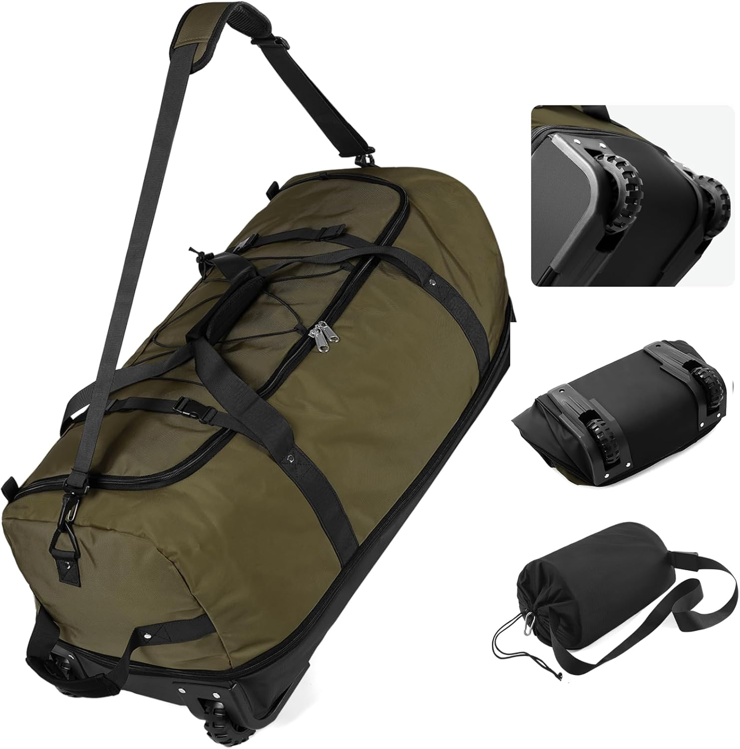 Vomgomfom 32" Soft-Sided Foldable Wheeled Travel Duffel Bag,Expandable 110L to 140L Rolling Cargo Bag with 2 Wheels and Multiple Pockets,Army Green
