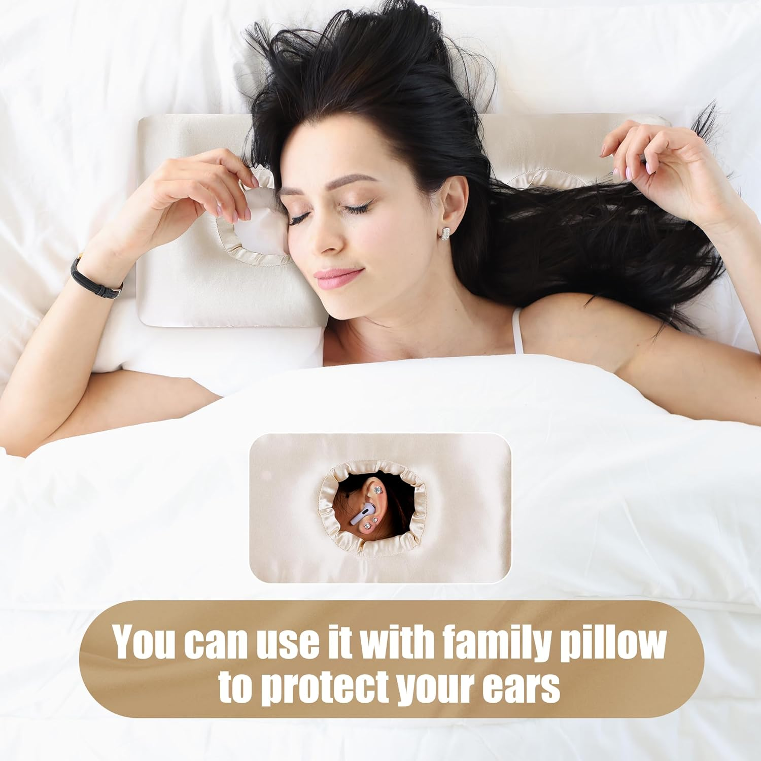 MABOZOO Silky Satin Ear Piercing Pillow, Ear Pillow with Ear Hole for Side Sleepers, Ear Guard Pillow for Ear Piercing, Reduce Discomfort, Inflammation Protection, Reduces Ear Pressure(Champagne) image number 4