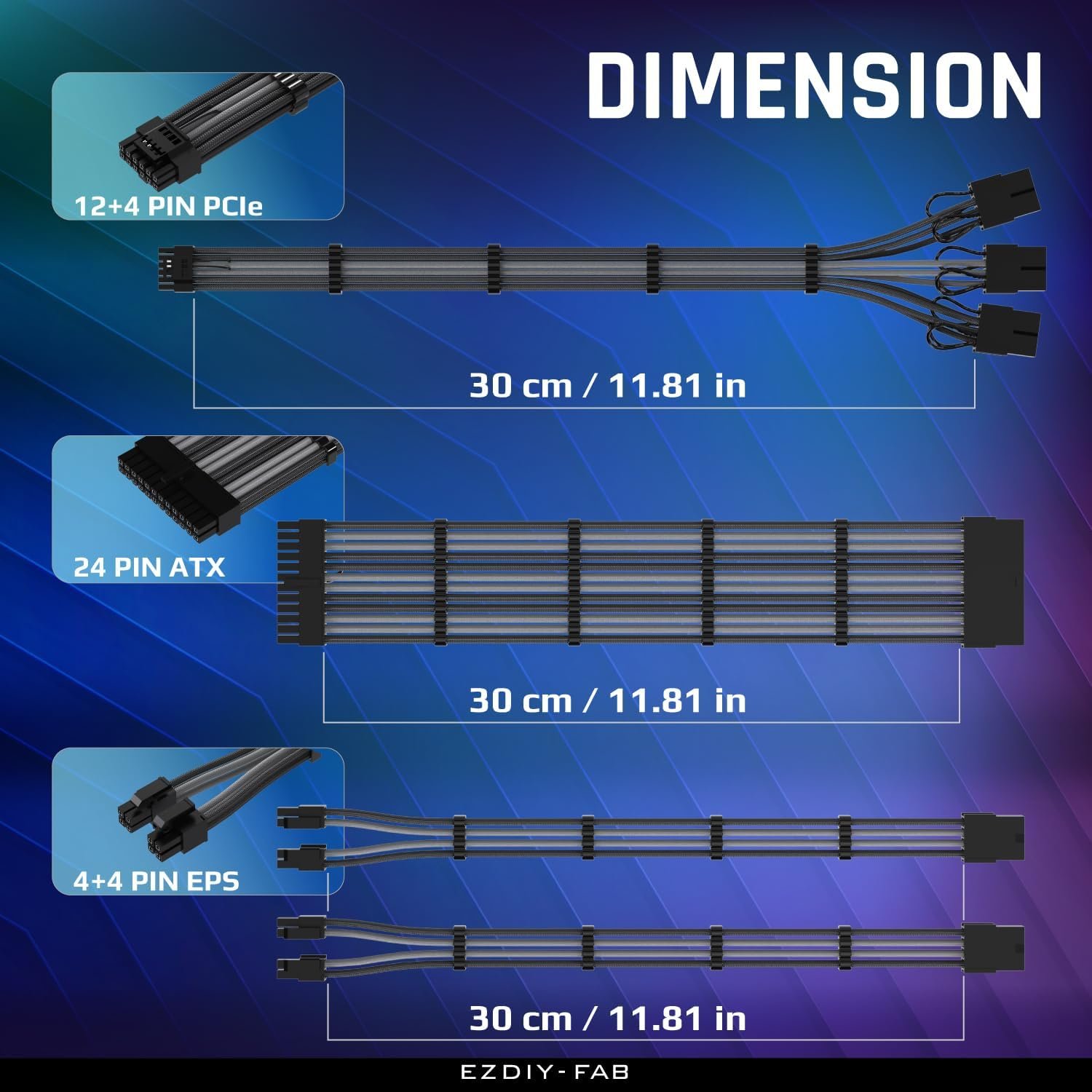 EZDIY-FAB PCIE 5.0 12VHPWR Sleeved Cable Kit, 16AWG Power Supply Cable Extension, PC PSU Sleeved Cables, 24PIN-ATX/(4+4) PIN-EPS/(12+4) PIN to 3X 8 PIN PCIE- Rtx4080/4070Ti - Black/Grey image number 6