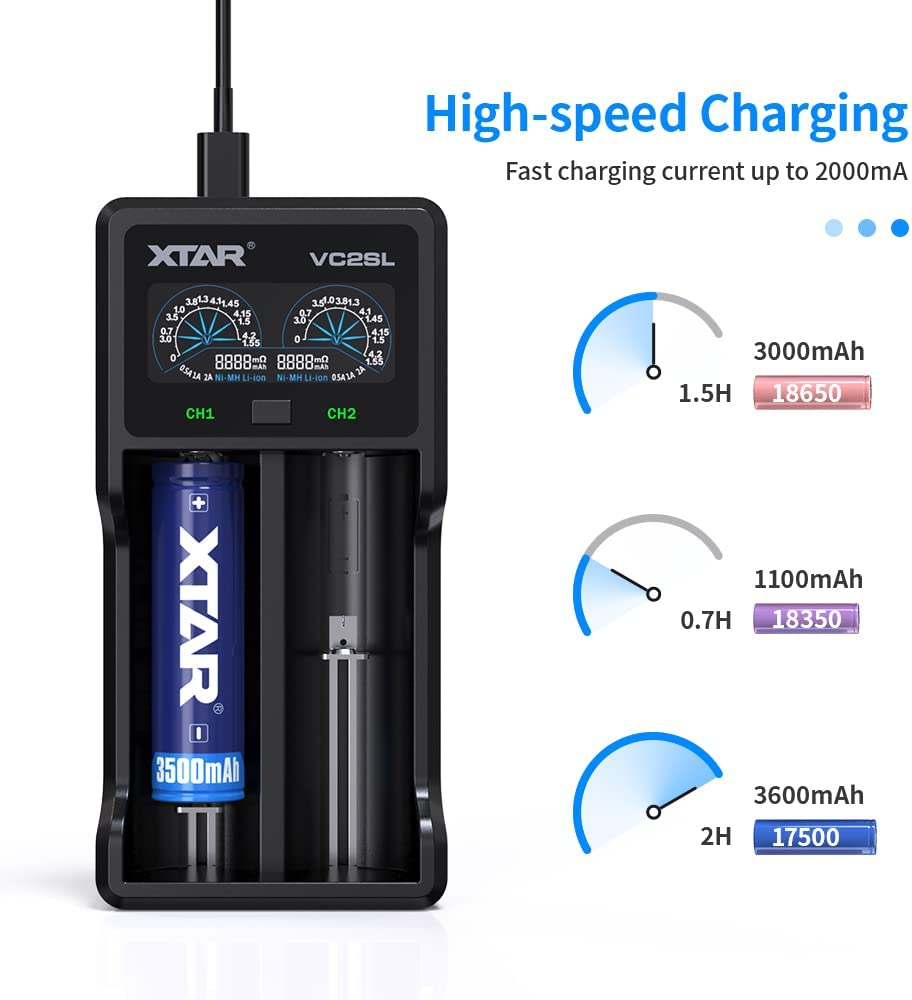 XTAR VC2SL Type C 18650 Battery Charger Universal Intelligent LCD Display 21700 Charger with USB Output for Rechargeable Batteries Li-Ion 18650 21700 18350 16340 14500 Ni-Mh/Ni-Cd a AA AAA image number 1
