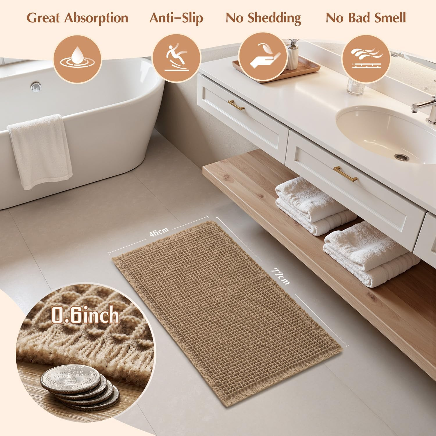 Rvolst Bath Mat Rug for Bathroom Waffle Woven Bathroom Mat Super Absorbent Machine Washable Non Slip Farmhouse Boho Bathroom Rug 46X77Cm Brown image number 3