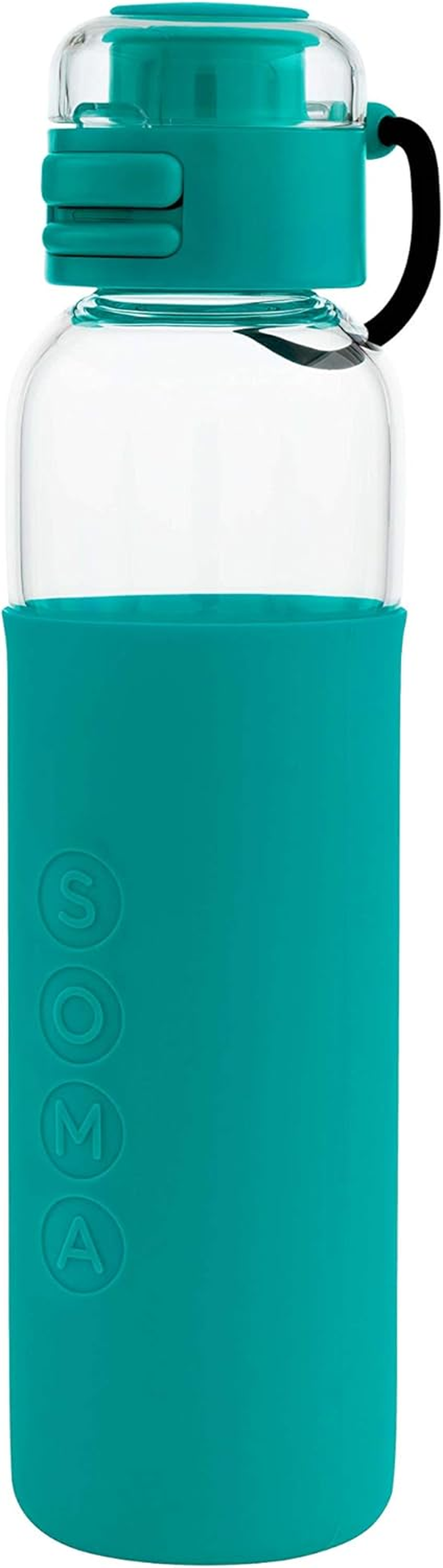 SOMA Glass Water Bottle with Silicone Sleeve, Sport Cap, 17-Ounce, Aqua