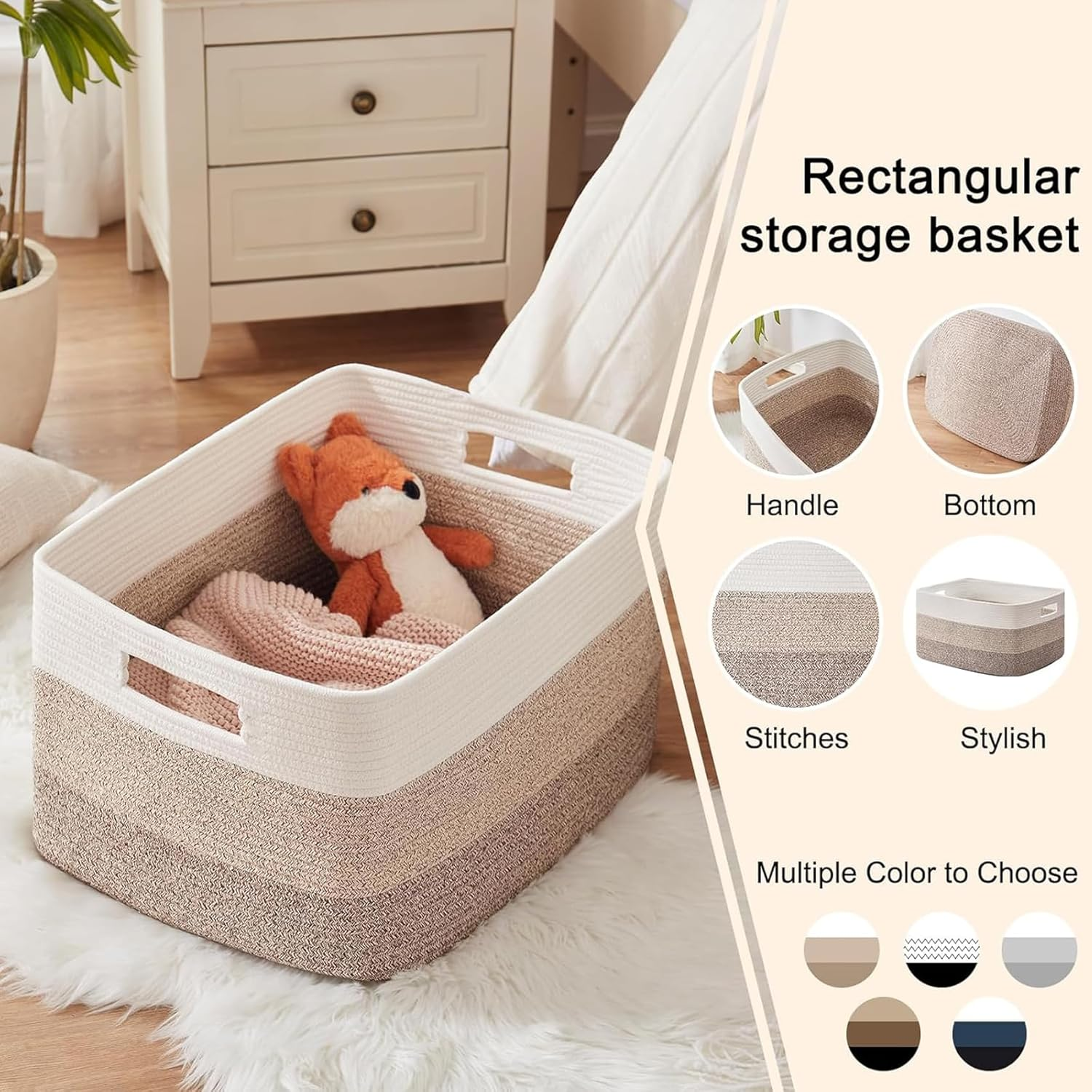 Woven Cotton Rope Laundry Storage Basket with Handles, round Hamper for Pillow, Clothes, Blanket,Toys, 55*43*30Cm Gradient Yellow image number 1