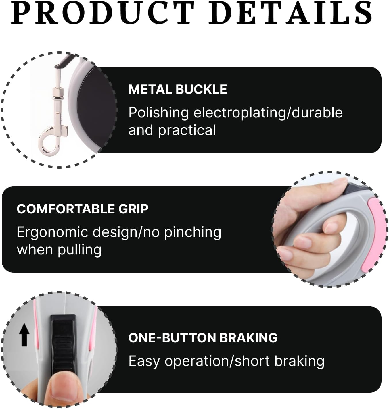 360&deg; Tangle Free Retractable Dog Lead for up to 25 Kg Dogs, 5M Long Tangle-Free Nylon Tape, One-Handed Brake, Pause, Lock System, Anti-Slip Handle Durable Dog Lead for Daily Walks (Medium, Black) image number 4