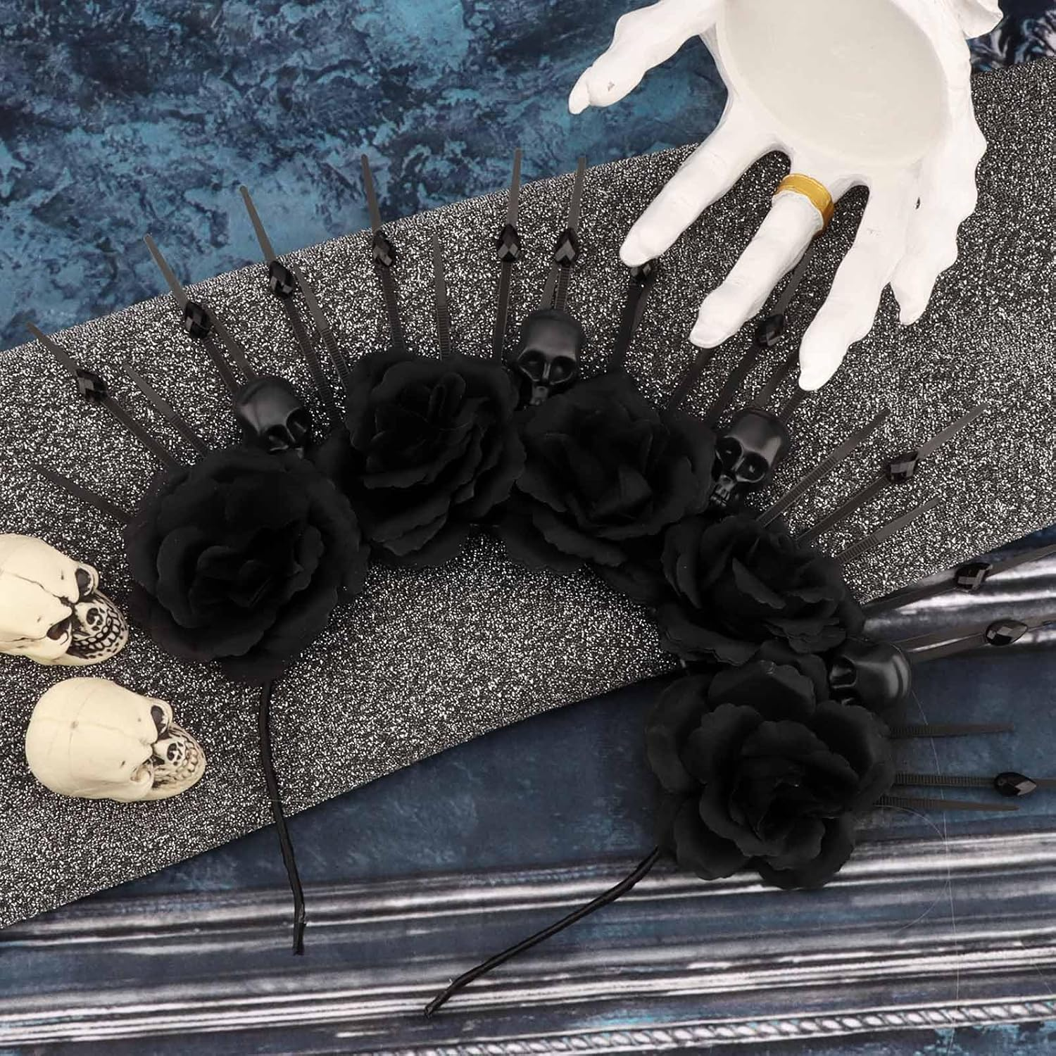 Vovii Black Halo Headband for Women Hair Accessory Halloween Costume, Gothic Rose Flower Crown Goddess Headpiece with Skull for Dark Day of the Dead Outfit image number 1