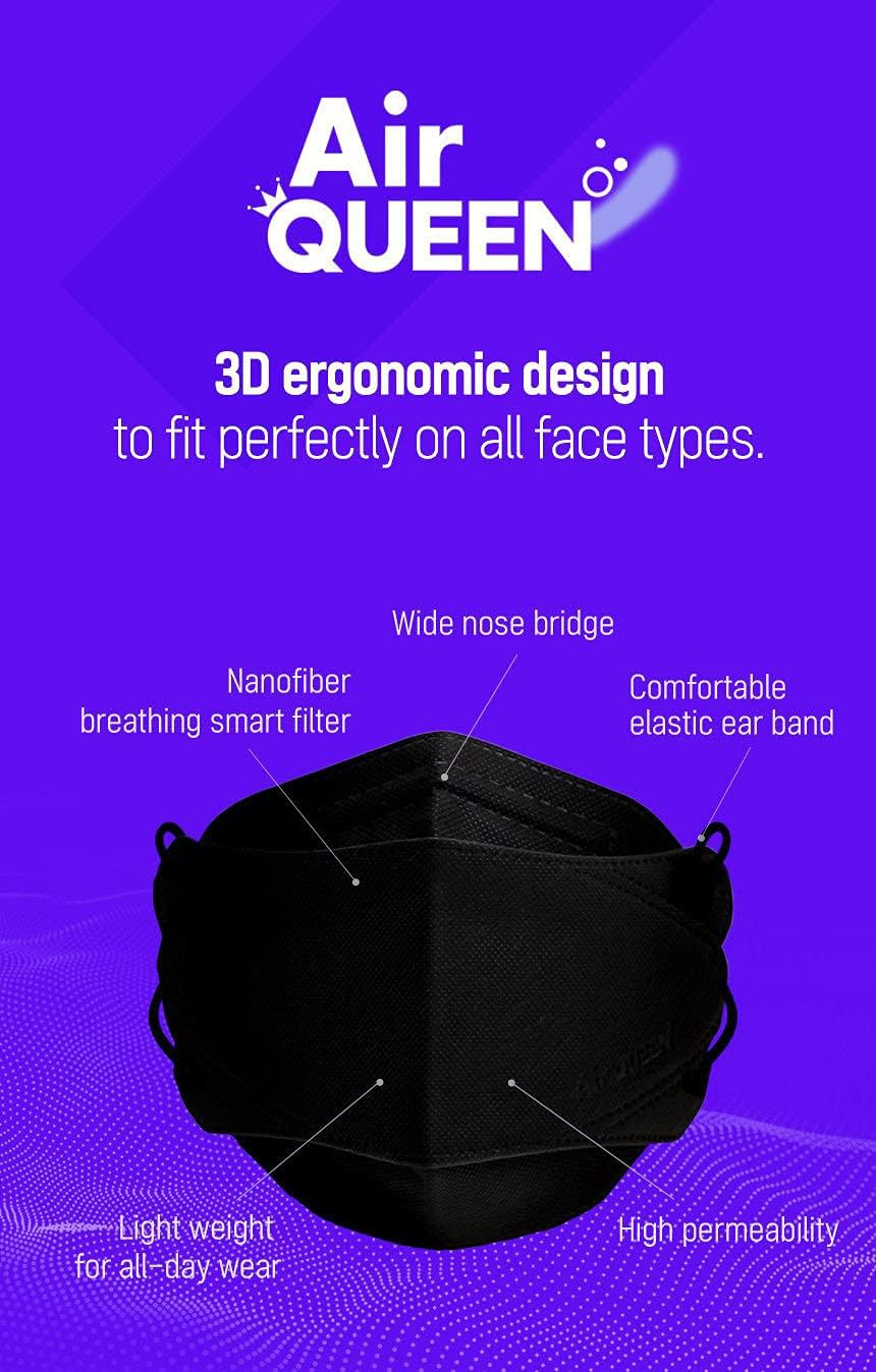 Black Airqueen Nano Fiber Filter Face Safety Mask for Adult, Individually Packaged, Made in Korea