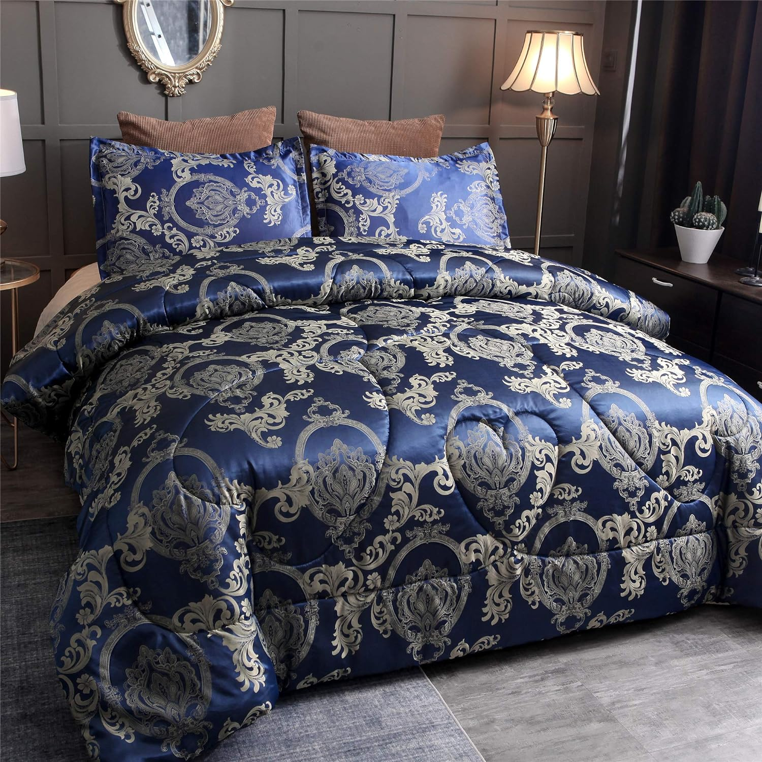 Raytrue-X King Comforter Set Silk Blanket All Season Bed Comforter King Set Royal Blue Jacquard Quilt Soft Microfiber Bedding Sets Matching 2 Pillow Shams(King, 104X90 Inches) image number 5