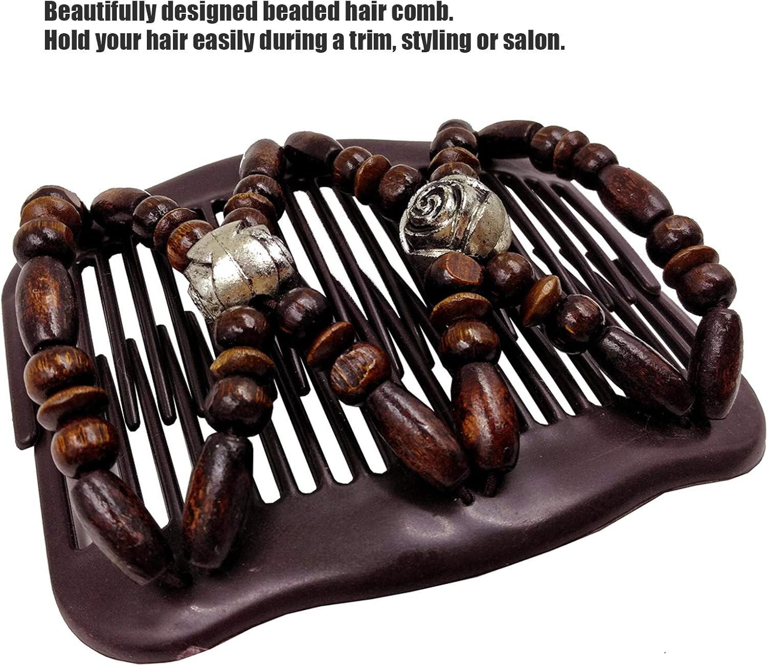 5Pcs Hair Combs Vintage Beads Stretchy Magic Clips Wooden Beads Double Hair Comb Clip Stretchy Women Hair Accessories Hair Styling Tool Double Comb Hair Clips Magic Hair Comb image number 2