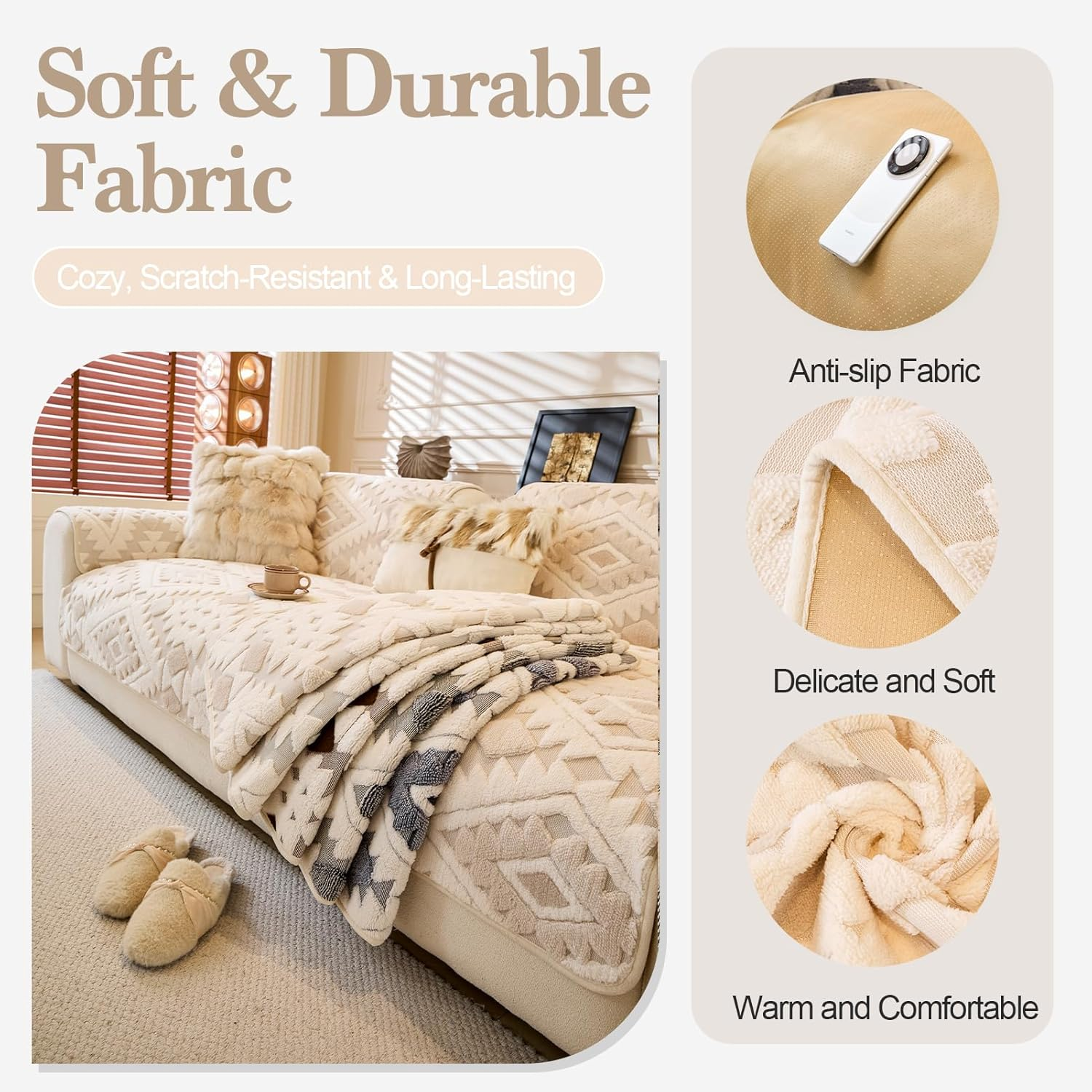 WEYOND Couch Cover for Dogs Washable, Soft Plush Sofa Cover for Loveseat & 2/3 Cushion Sofa, Pet-Friendly Couch Covers for Sofa, Non-Slip Sofa Slipcover (90 X 210 Cm, Beige) image number 2