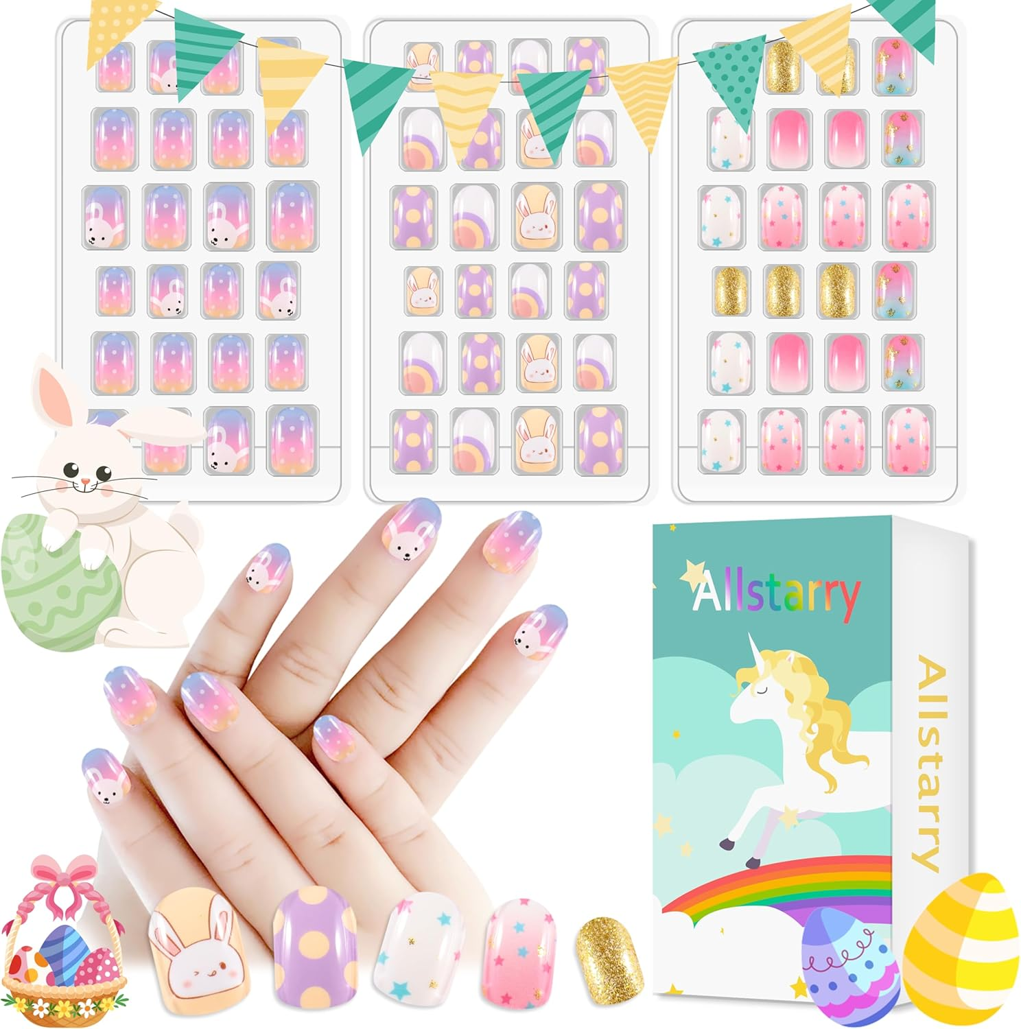 Allstarry Children Nails Press on Pre-Glue Full Cover Rabbit Gradient Color Dot Short False Nail Kits Lovely Gift for Children Little Girls Nail Art Decoration - Purple Planet image number 3