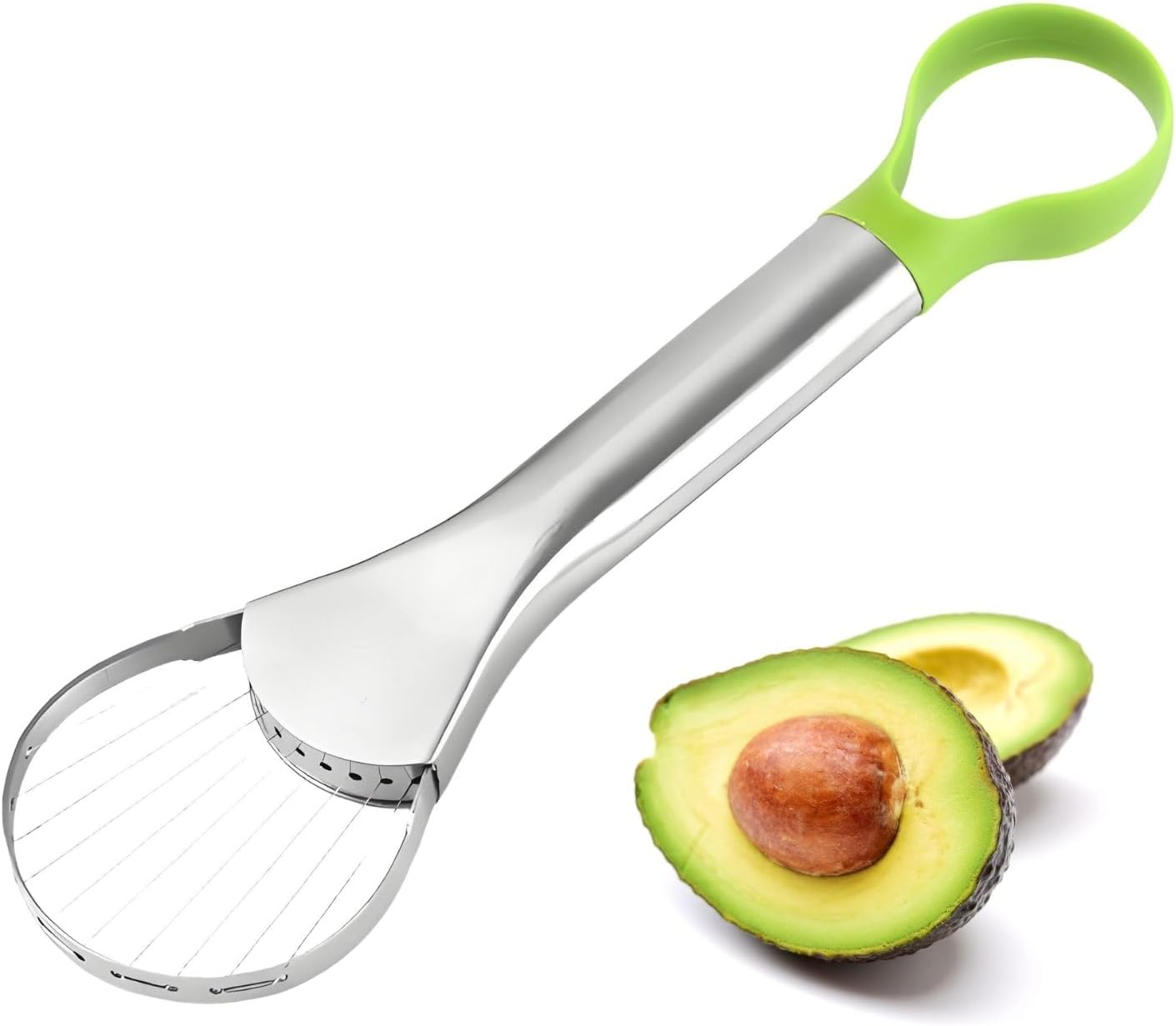 3-In-1 Avocado Slicer Tool, Emptycolor Stainless Steel Avocado Cutter, Pitter & Peeler, Multi-Function Avocado Tool for Slicing, Scooping, and Pit Removal, Kitchen Gadget with Green Plastic Handle