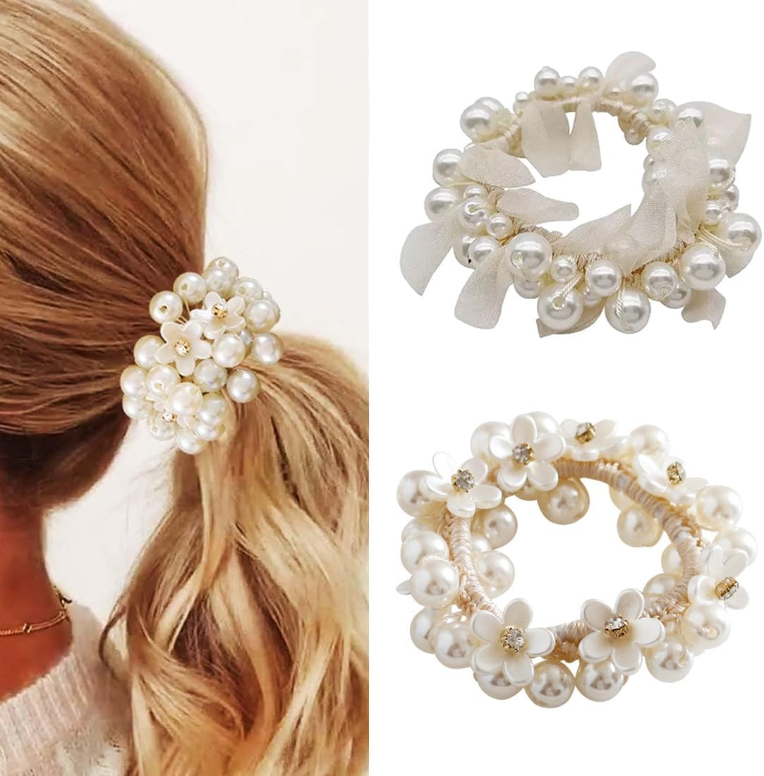 Pack of 2 Pearl Hair Bobbles Scrunchies for Women Elastic Thick Bands Soft Ropes Ponytail Holder Women Hair Accessories for Women Girls image number 5