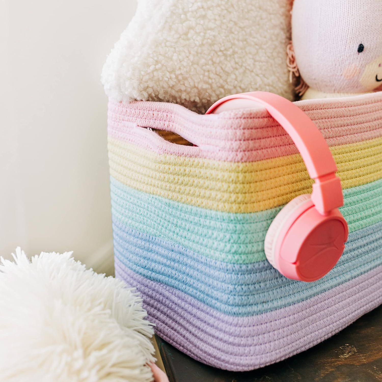 Organihaus Set of 3 Cute Rainbow Storage Basket for Toys & Cloths | Cotton Rope Basket for Decor | Shoe Basket Organizers & Storage | Decorative Storage Baskets & Bins | Woven Baskets for Storage