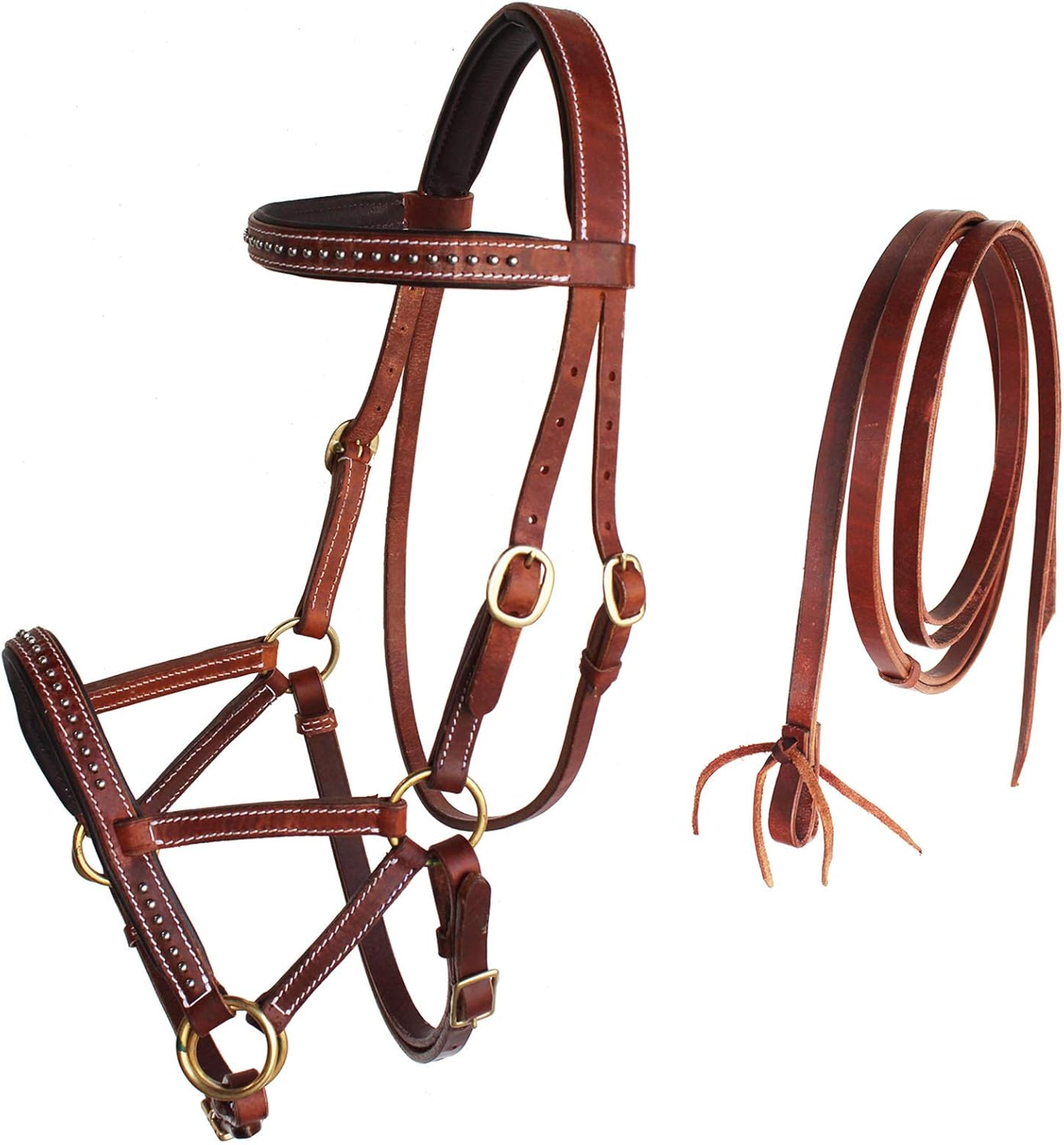 Horse Western Leather Tack Studded Bitless Sidepull Bridle Reins Brown 77RS03