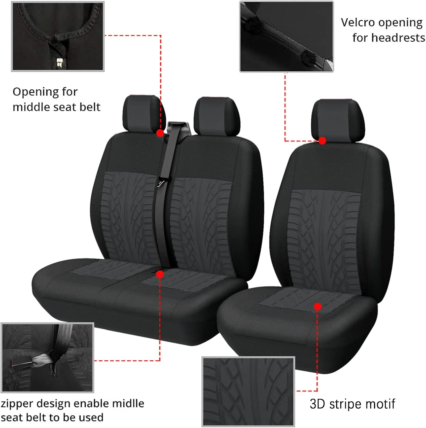 TOYOUN Universal Auto-Sitzbez&uuml;ge F&uuml;r Transporter LKW Vorn Autositzbez&uuml;ge 3D-Reifen-Spur-Muster Sitzbezug Fahrersitz + 2Er Beifahrersitzbank Schonbez&uuml;ge Schwarz image number 1