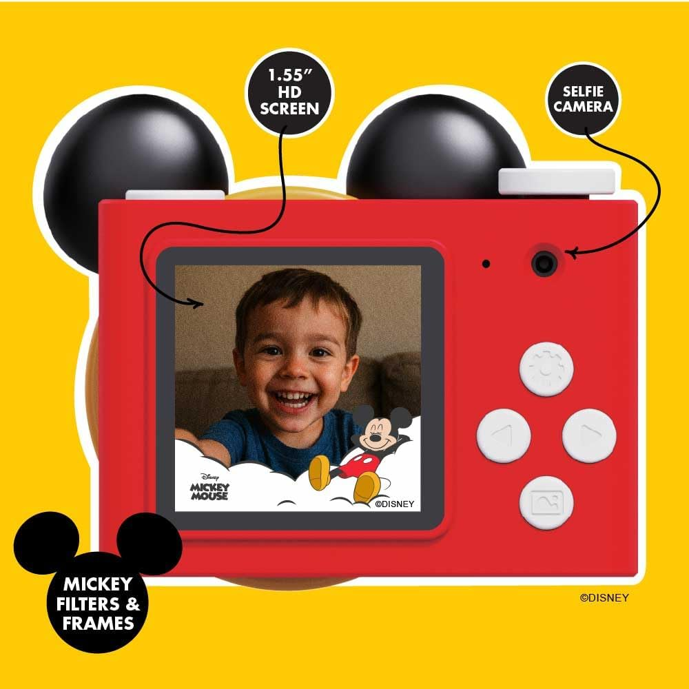 Mickey Mouse Mini Kids Toy Digital Camera & Video Camcorder for Ages 3-5, Teens and Adults, Selfie Lens, 20+ Filters, 12MP, 32GB, 1.55" Screen, Hand Made Strap - Model a by Kiimento