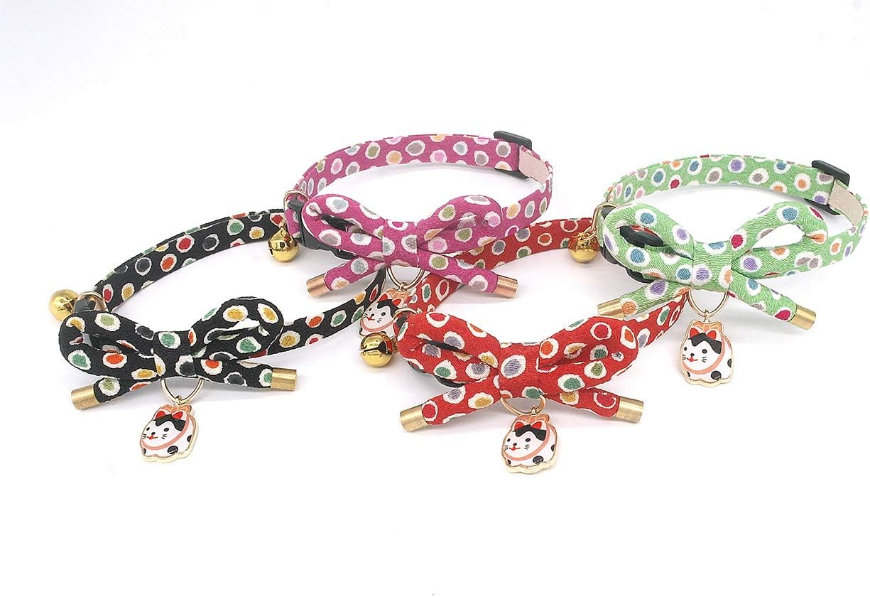 Petsokoo Cute Bowknot Cat Collar with Bell. Japan Colorful Polka Dots Pattern. Lucky Cat Charm. Safety Breakaway, Soft, for Girl Boy Male Female Adult Cats,Red image number 5