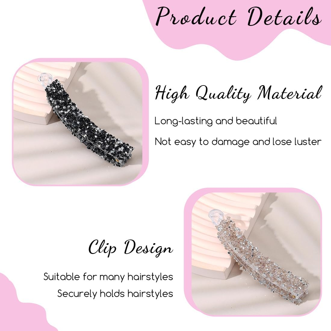 Pack of 2 Banana Clips, Rhinestone Beads Banana Hair Clips, Vintage Fishtail Hair Clip, Non-Slip Ponytail Holder Clip for Women, for Thick Fine Hair (Black + Champagne) image number 3