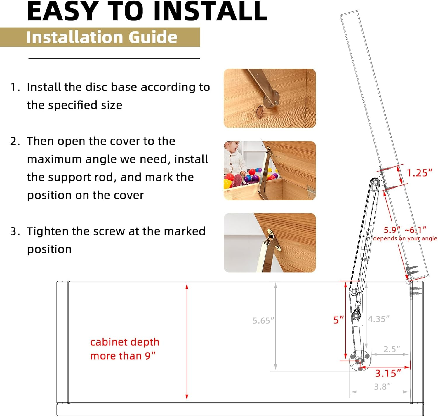 KOMOHOM(2PCS) Lid Support Hinge Soft Close Toy Box Hinges 200N Gas Struts Heavy Duty Soft Close Lid Support Hinges Lid Buffer for Wooden Box Toy Boxes Beds and Heavy Lid, Wooden Toy Box Hardware image number 5