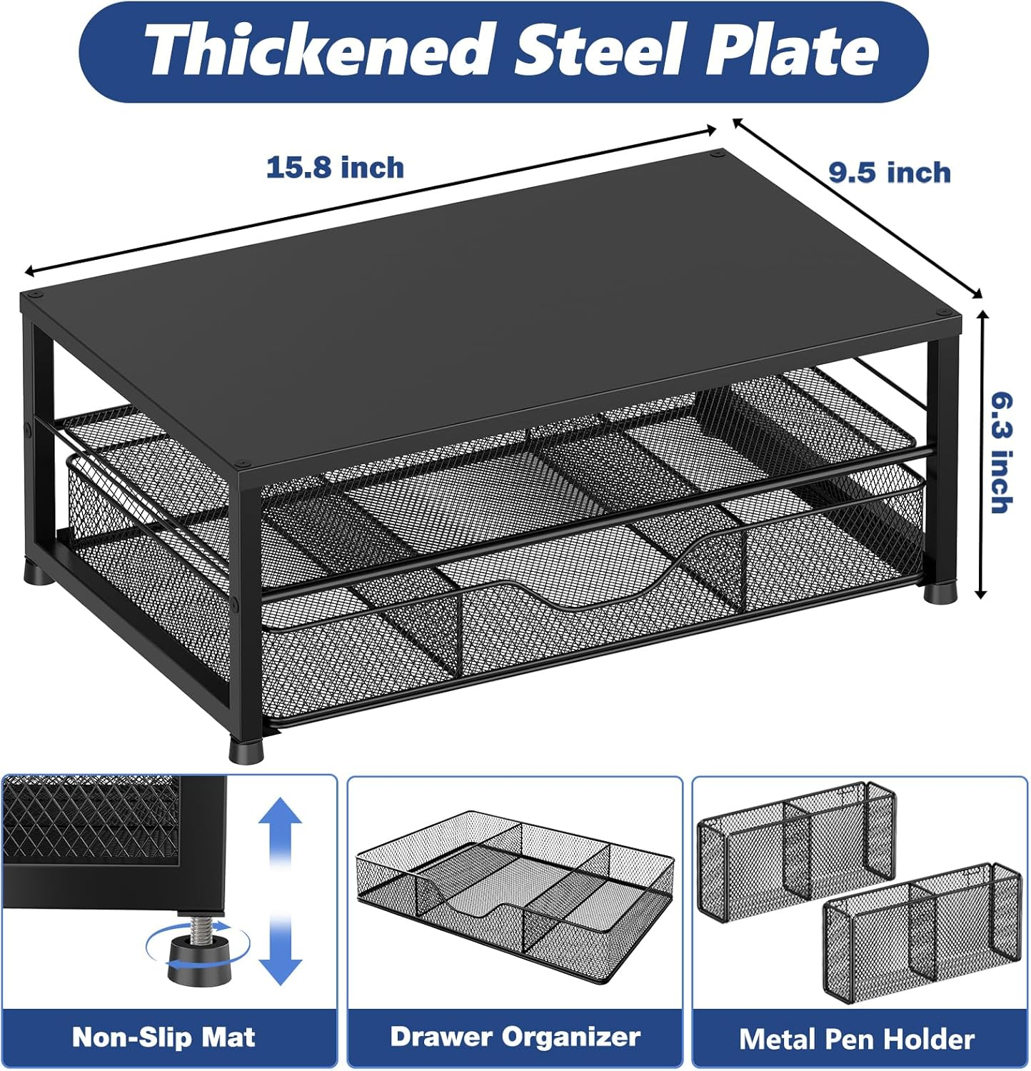 OPNICE Modern Minimalist 2-Tier Computer Monitor Stand with Drawer and 2 Pen Holders, Black