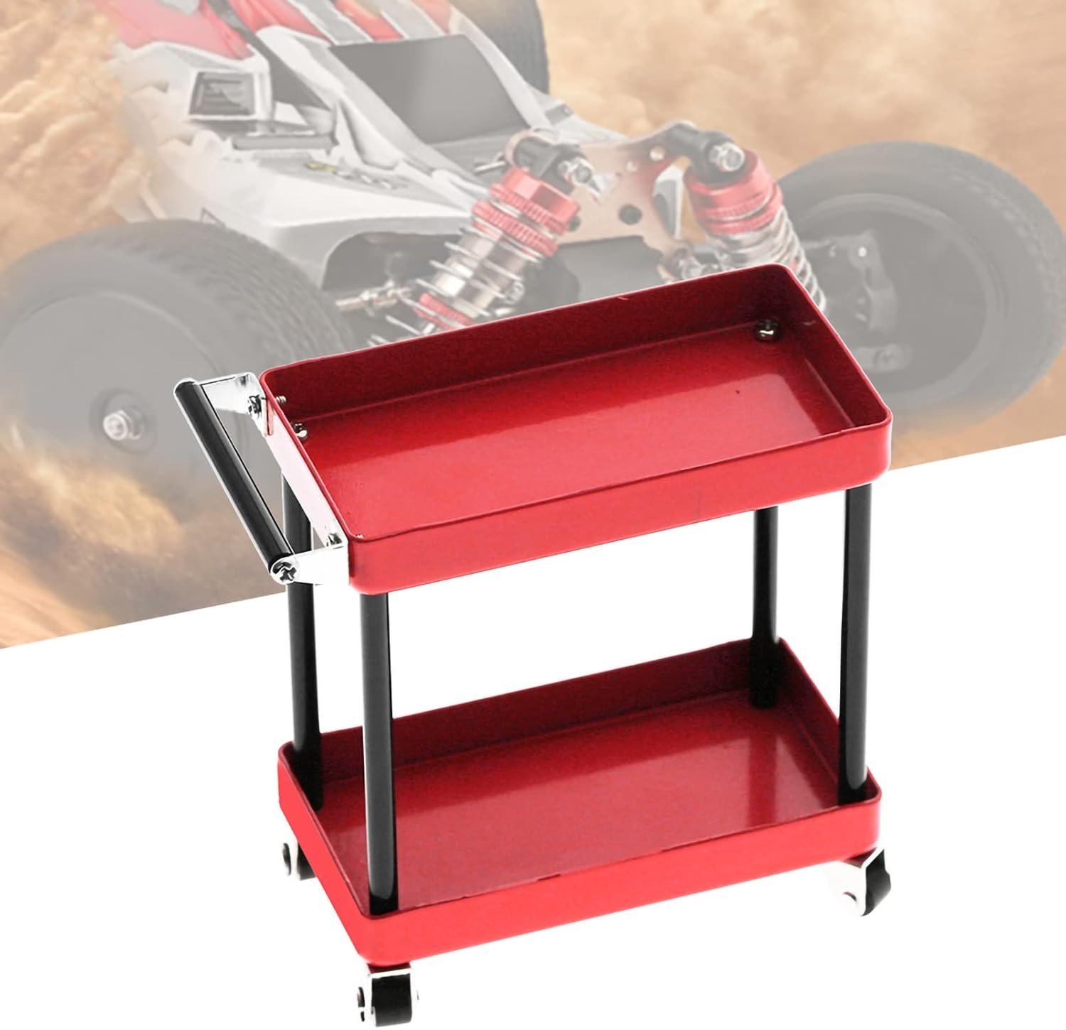 Joyzan RC Tool Trolley, Mini 2 Tier Tools Storage Cart Toolbox Trolley Mobile Workshop Garage Repair RC Accessories Metal Mechanic Handyman Level Tray Applicable to 1/8 1/10 1/12 1/16 Scale Model