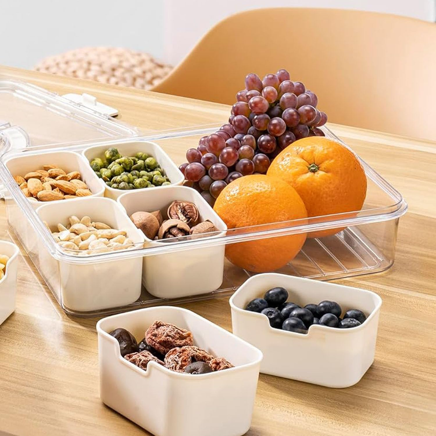 2 Pack Snackle Box Container,Portable Snack Box Compartment Divided Serving Tray with Lid and Handle,Clear Storage Organizer for Fruit Candy Nuts Veggie Perfect for Road Travel Party image number 2