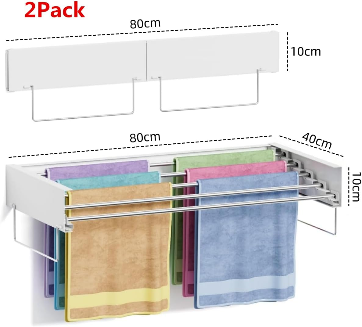 9SHOME 2Pack 80Cm Wall Mounted Clothes Drying Rack Collapsible, for Laundry with Towel Handles, Foldable Indoor and Outdoor Clothes Hanger, Retractable Clothes Drying Rack, 5 Aluminum Rods