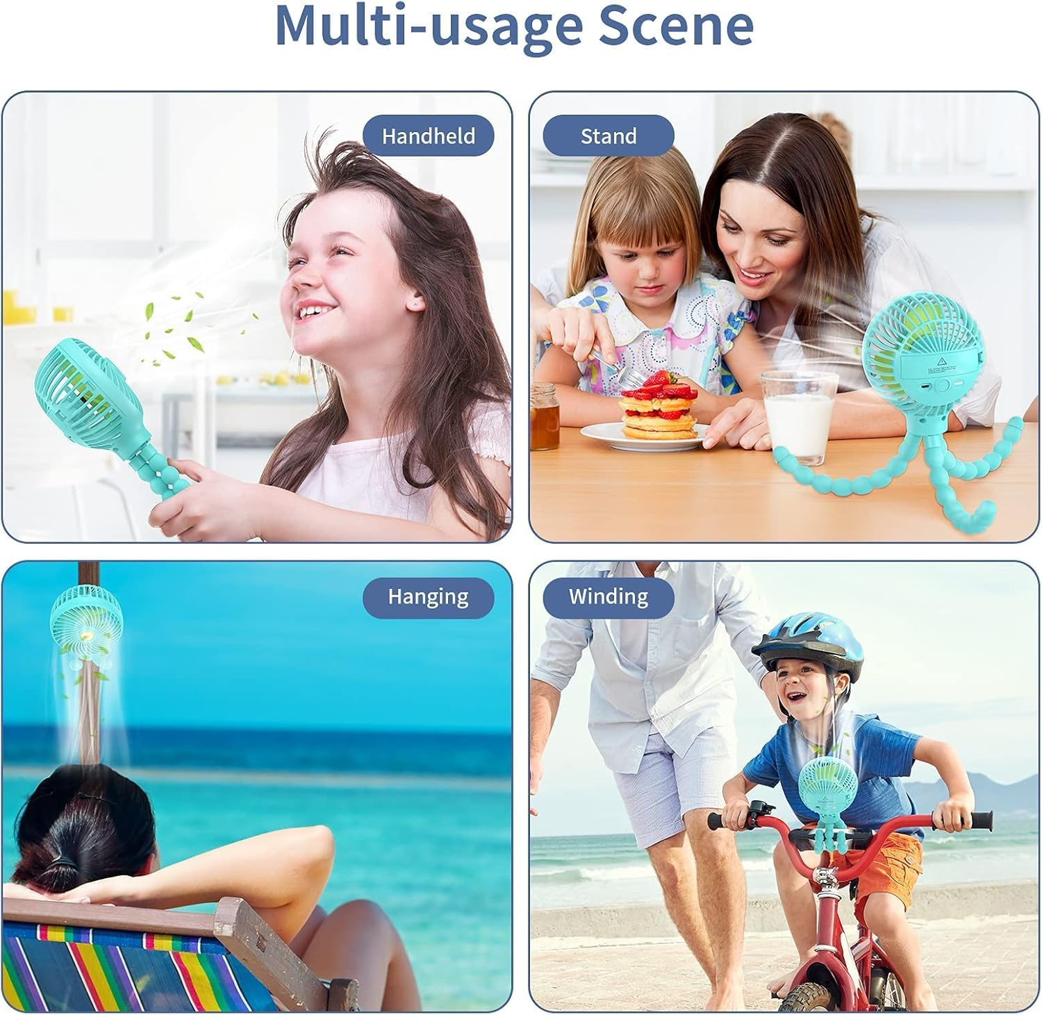 Portable Pram Fan, Baby Stroller Fan, [USB or 4000Mah Battery Powered] Handheld Fan for Kids, Mini Fan with Flexible Tripod, 3 Speed Pram Fans Clip on Desk Bike Campling Traveling (Blue) image number 4