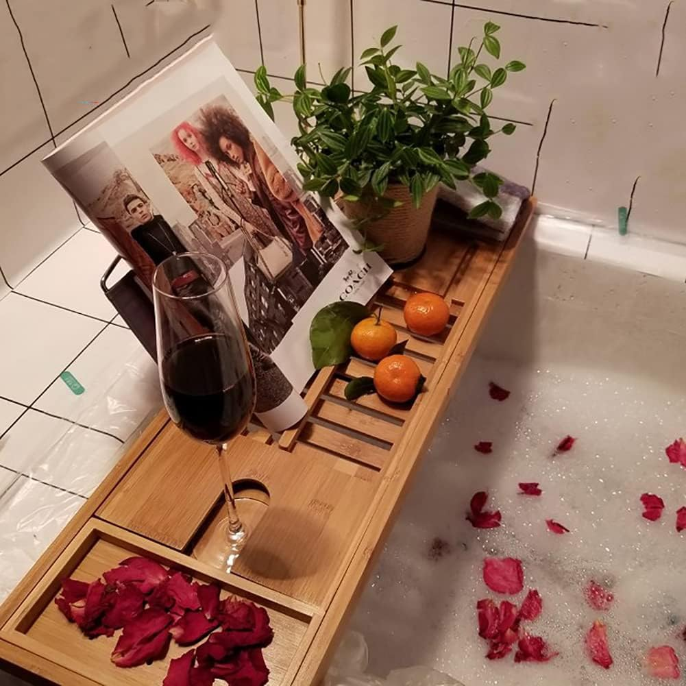 100% Natural Bamboo Bath Caddy Bridge &ndash; Extendable Bath Caddy Tray for Tub with ​Wine Glass Holder, Tablet, Kindle image number 2