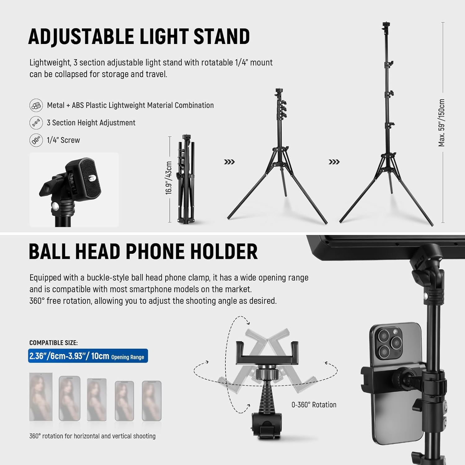 NEEWER Basics 2 Pack LED Video Light Panel with 59''/150Cm Tripod Stands & Phone Holders, 2700-6500K 850Lux Bi Color Dimmable Studio Lighting for Photography Filming Recording Live Streaming, BP300