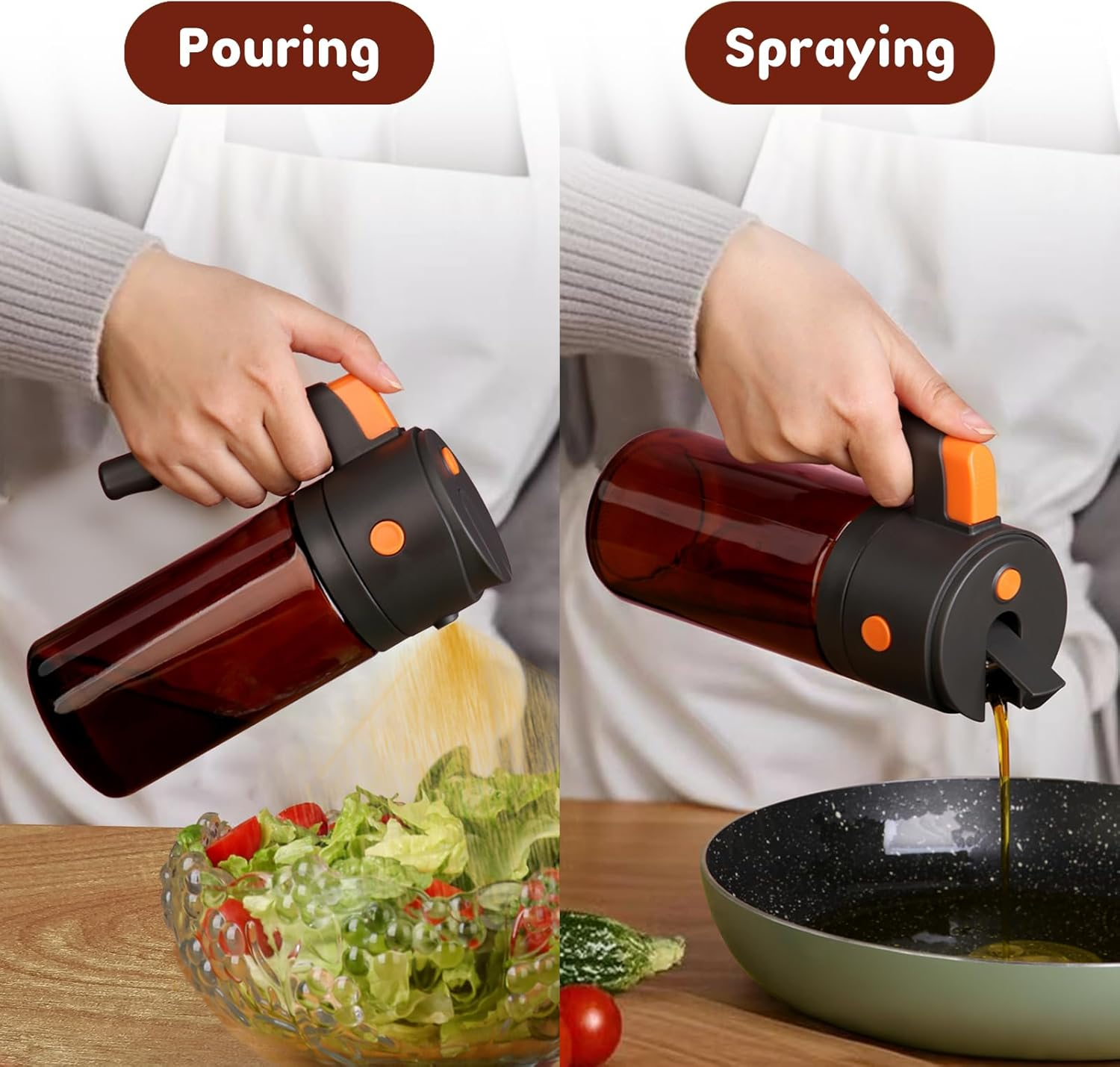 Glass Kitchen Maiden 2 in 1 Olive Oil Dispenser & Oil Sprayer for Kitchen Cooking, Olive Oil Dispenser Bottle, Auto Flip Cap, 16Oz Brown (Light Blockage) image number 2