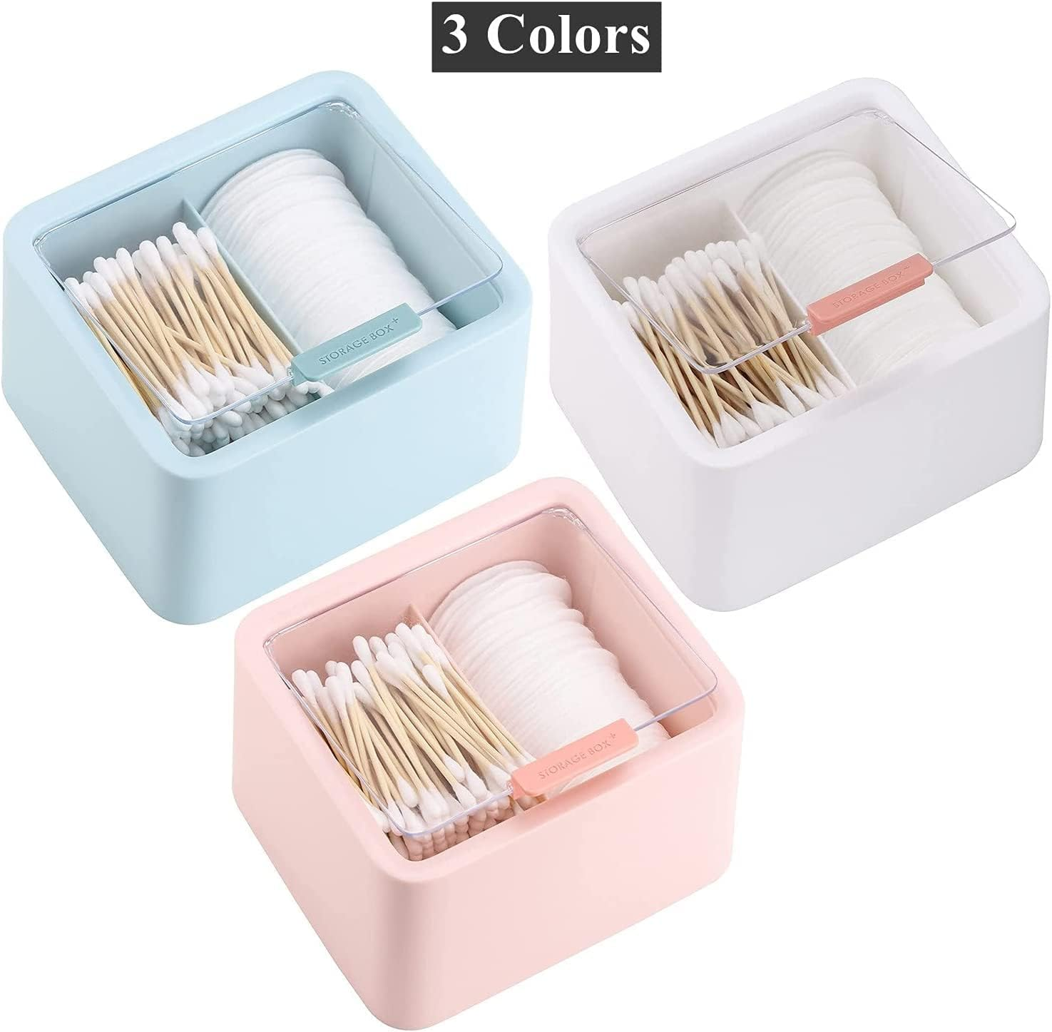 2 Compartments Rectangle Plastic Bathroom Vanity Countertop Storage Organizer Canister Apothecary Jar Qtip Holder with Lid for Cotton Swabs, Balls, Makeup Sponges, Pink image number 3