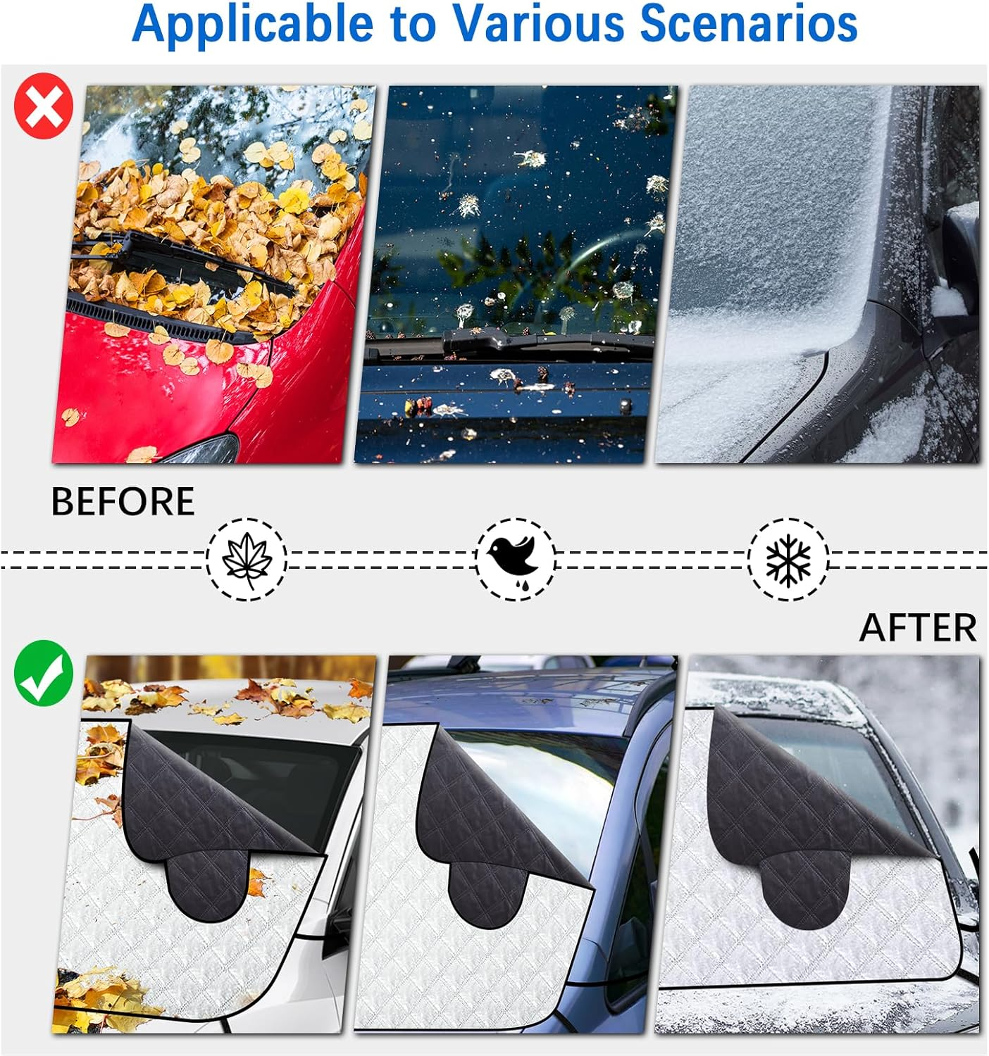 Range Tour Car Windshield Snow Cover with Fixing Strap, Automotive Windshield Cover for Snow, Ice, Sun Windshield Cover Dust Cover Car Protector for Winter Summer(148X114Cm) image number 5