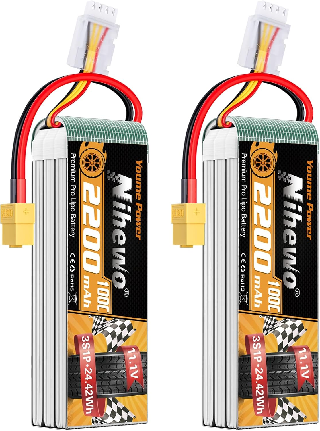 3S Lipo Battery 11.1V 2200Mah RC Lipo Battery Pack 100C with XT60 Plug Compatible with RC Cars, Trucks, Boats, Airplanes, Helicopters, Drone, FPV Racing Hobby Models (2 Pack)