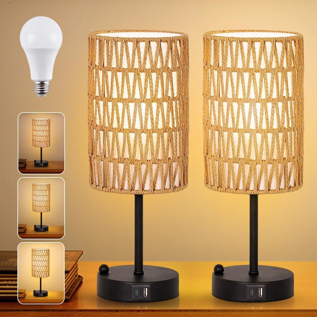 Clora Touch Bedside Lamp with USB A+C Charging Ports & 3-Way Dimmable, Rattan & Linen Shade Table Lamp with Phone Stand and 6W LED Bulb Nightstand Lamp for Bedroom Living Room Home Office (2 Pack) image number 5