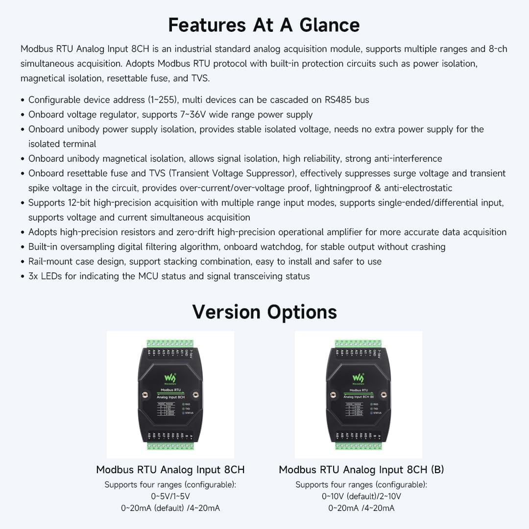 Waveshare Industrial 8-Ch Analog Acquisition Module, 12-Bit High-Precision, Supports Voltage and Current Acquisition, DC 7~36V Wide Voltage Power Supply, 8-Ch Current Mode, 0~20Ma image number 5